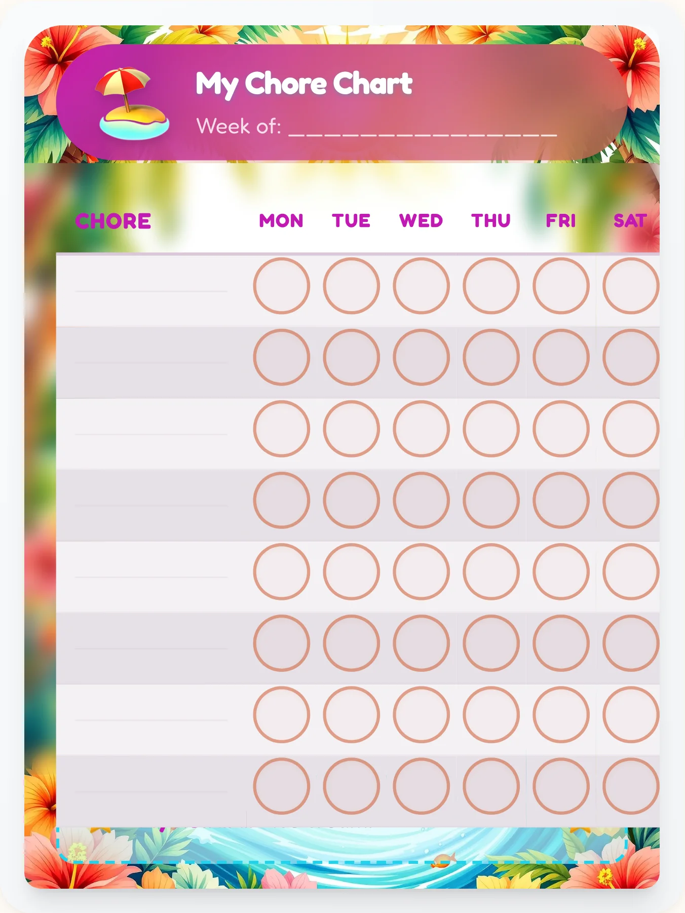 Airy Beach Custom Chart - printable beach chore chart
