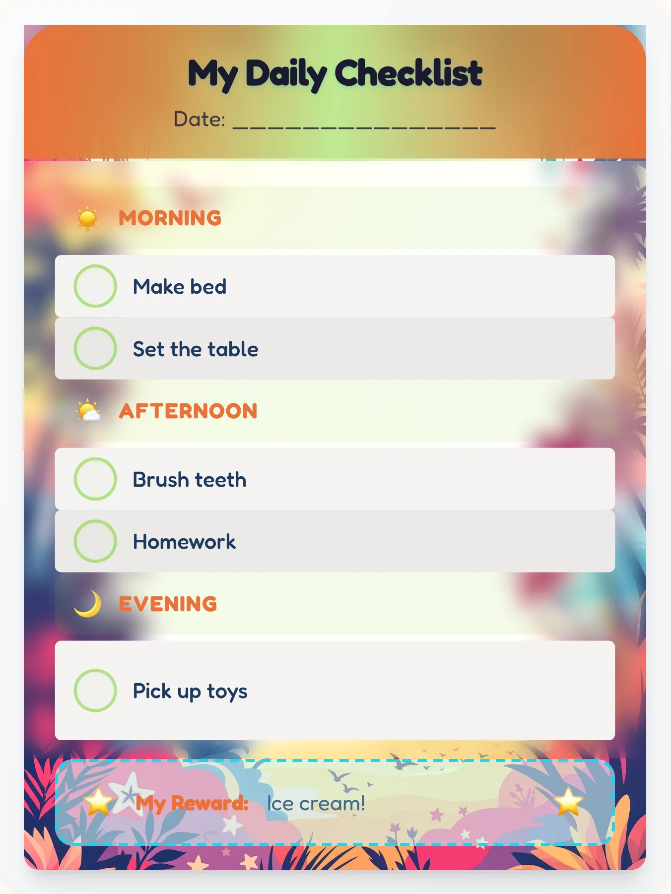 Dreamy Beach Daily Log - printable beach chore chart