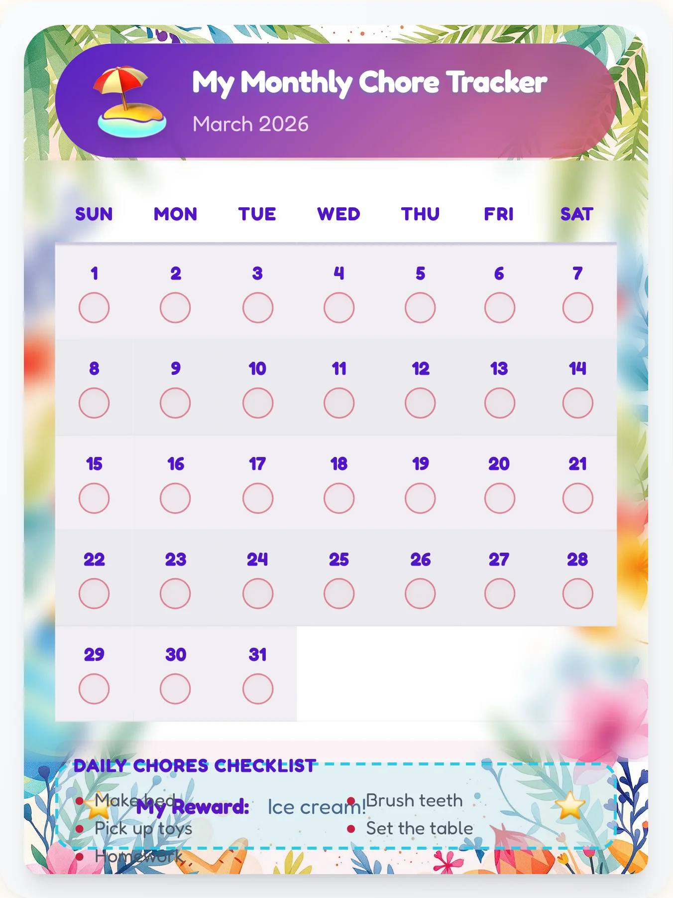 Royal Beach Calendar Chart - printable beach chore chart