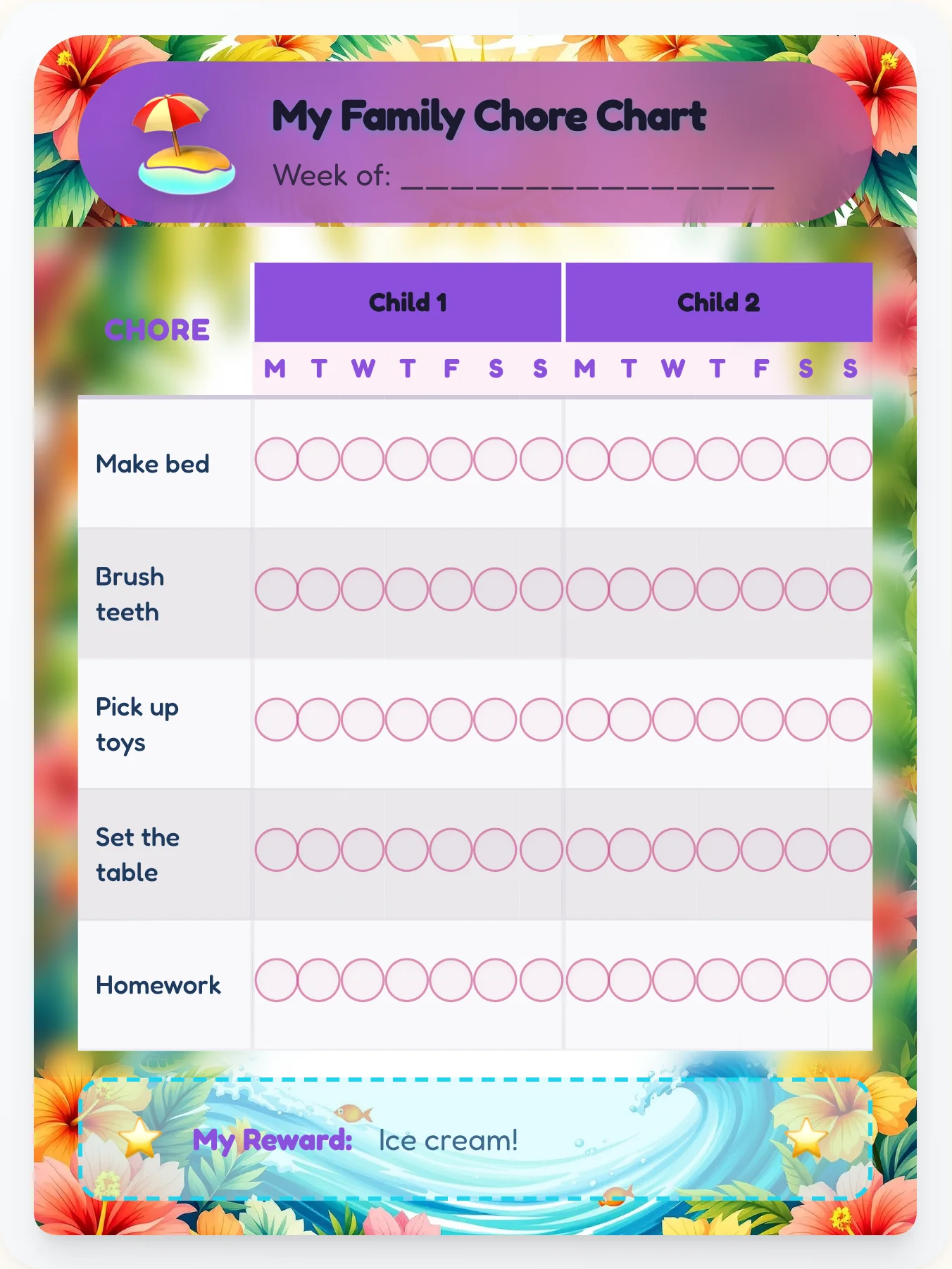 Serene Beach Team Chart - printable beach chore chart