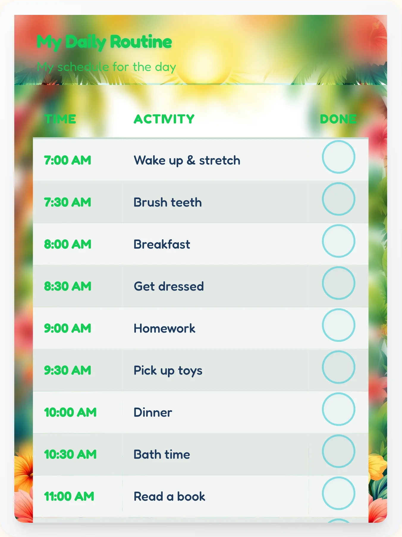 Zen Beach Schedule Chart - printable beach chore chart