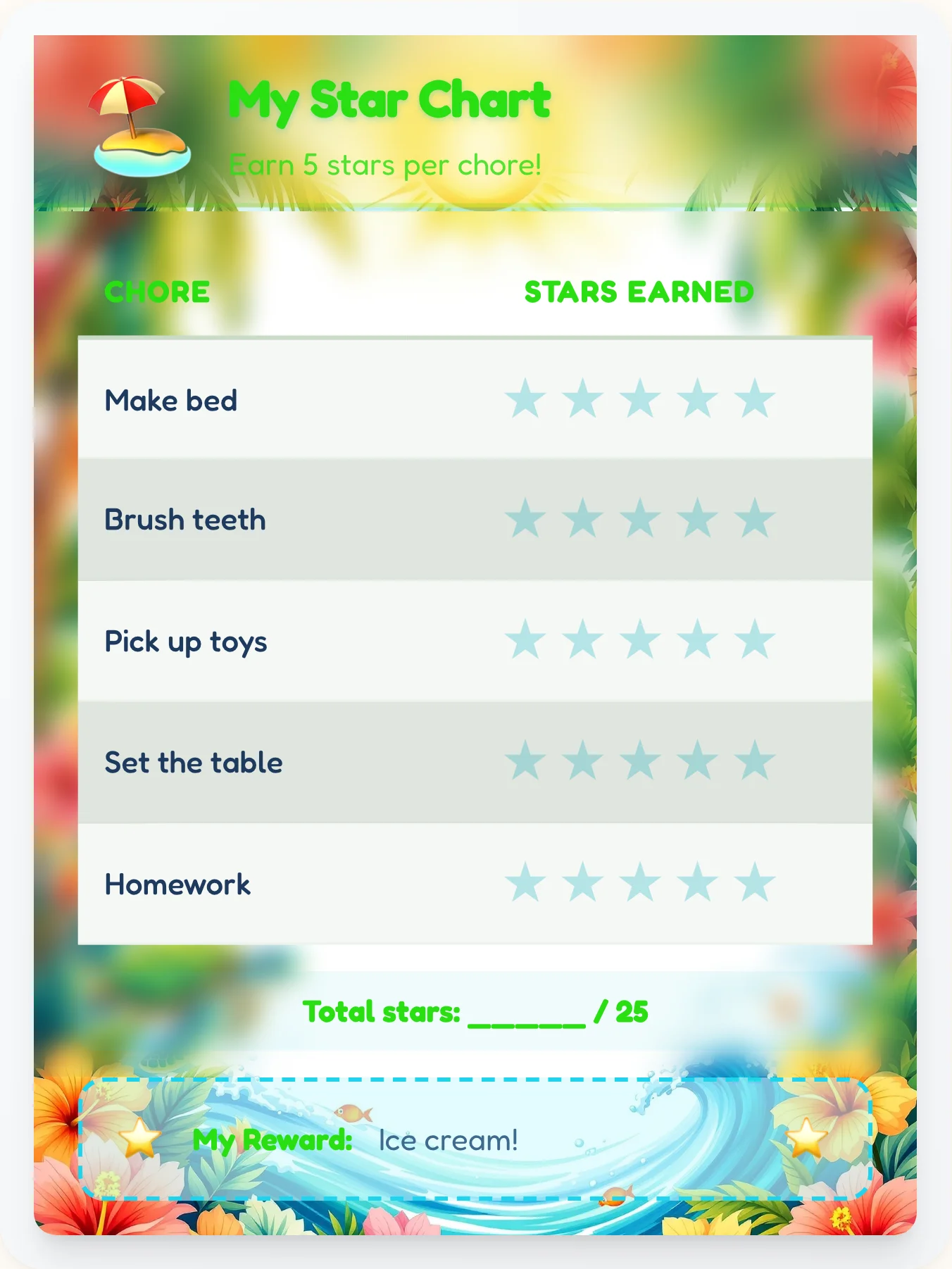 Tender Beach Star Board - printable beach chore chart