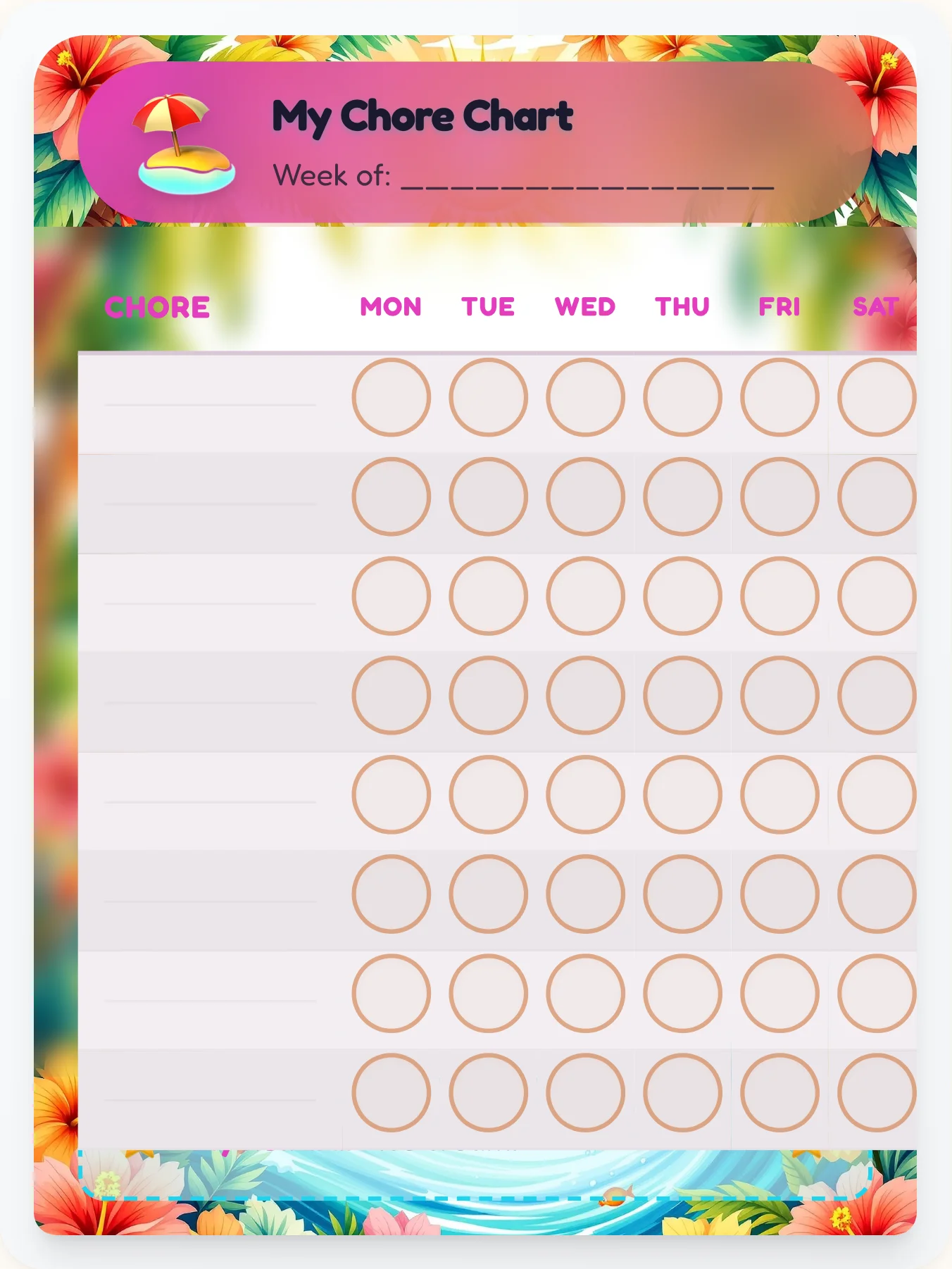 Bold Beach Custom Chart - printable beach chore chart