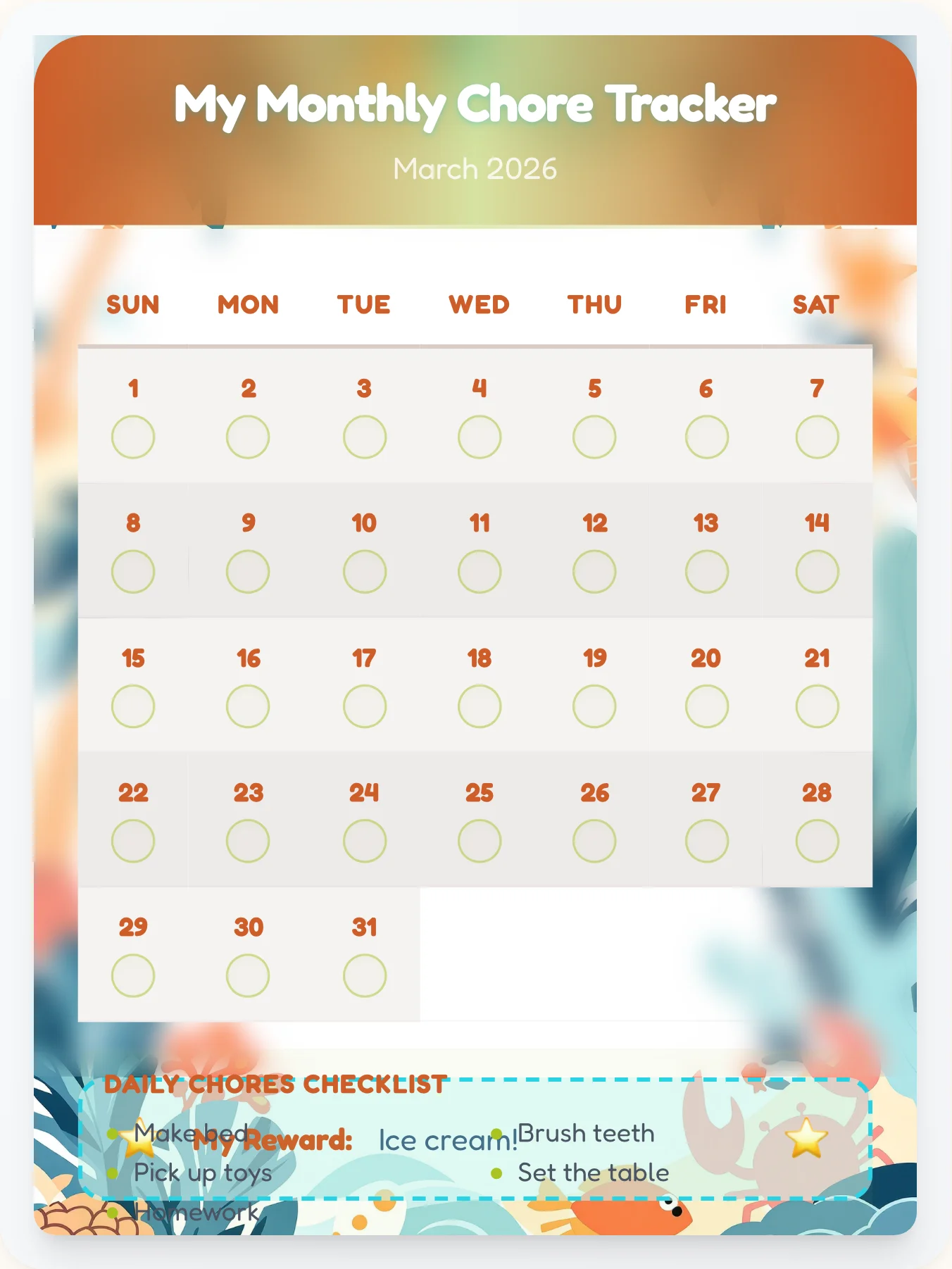 Dreamy Beach Monthly Grid - printable beach chore chart