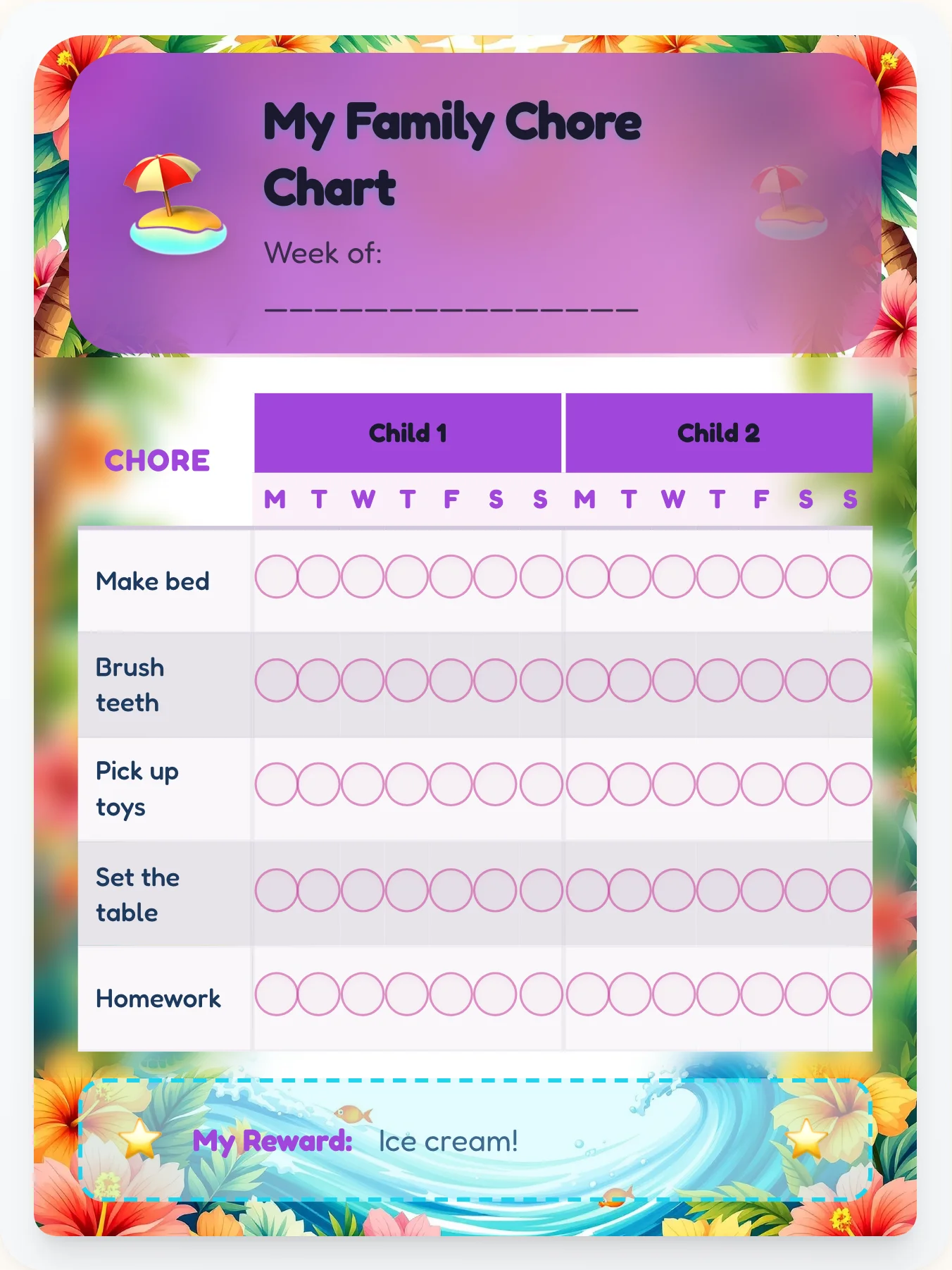 Tranquil Beach Team Chart - printable beach chore chart