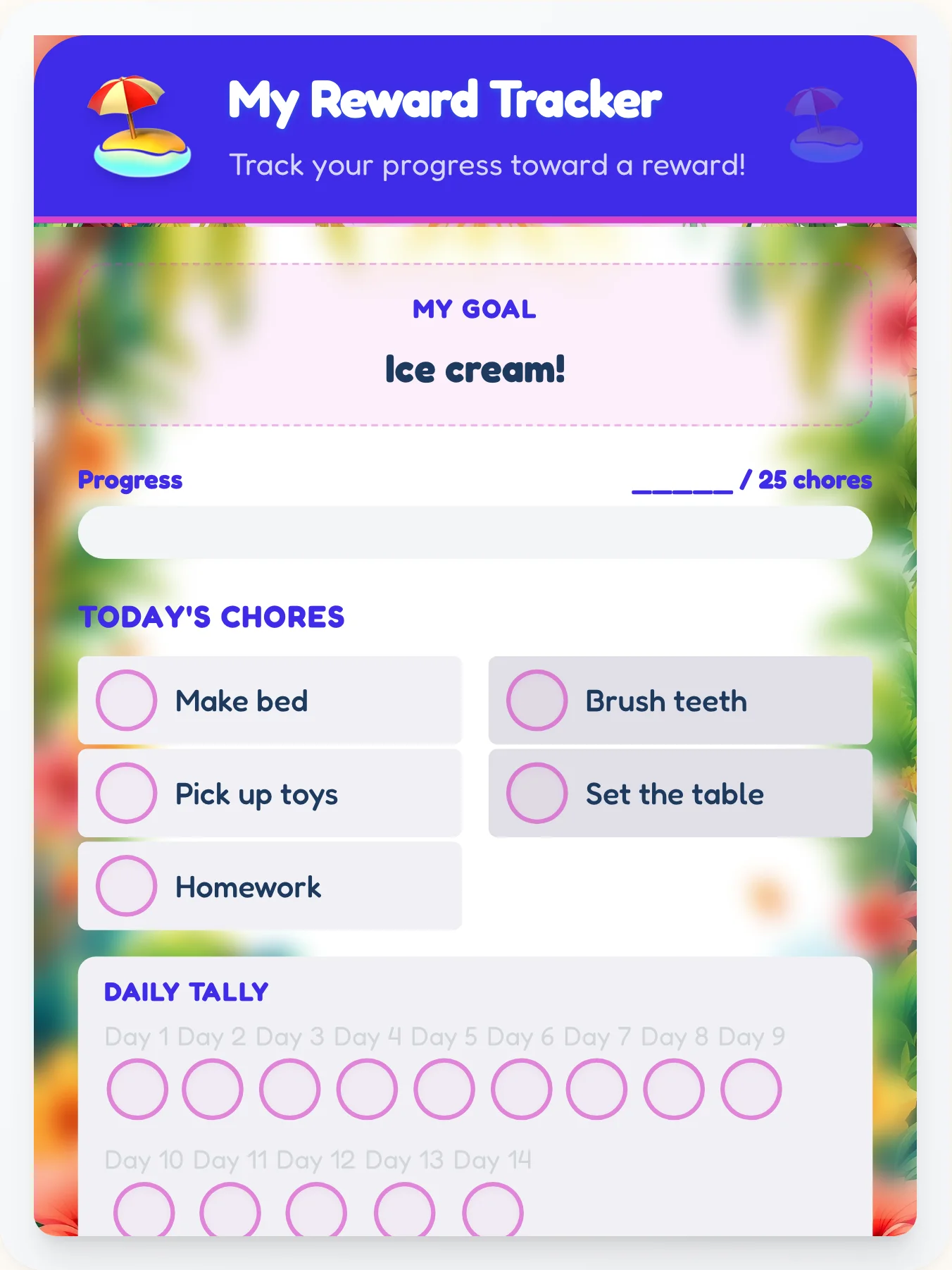 Organic Beach Reward Board - printable beach chore chart