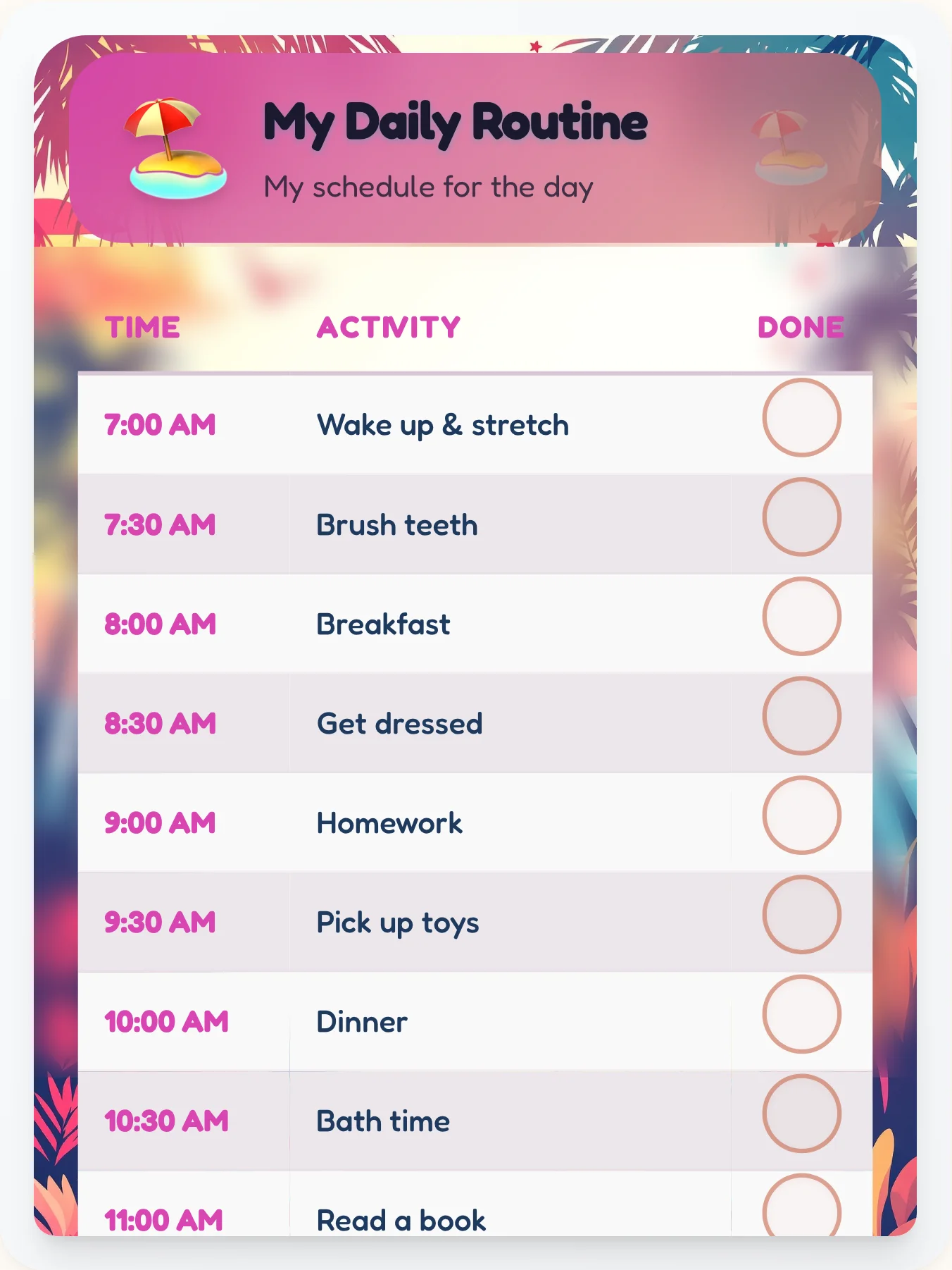 Bold Beach Time Planner - printable beach chore chart