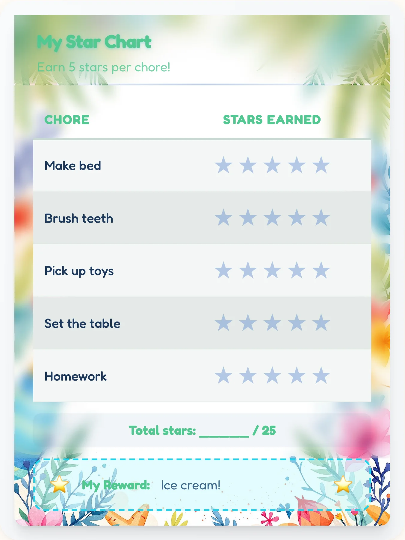 Dainty Beach Star Chart - printable beach chore chart