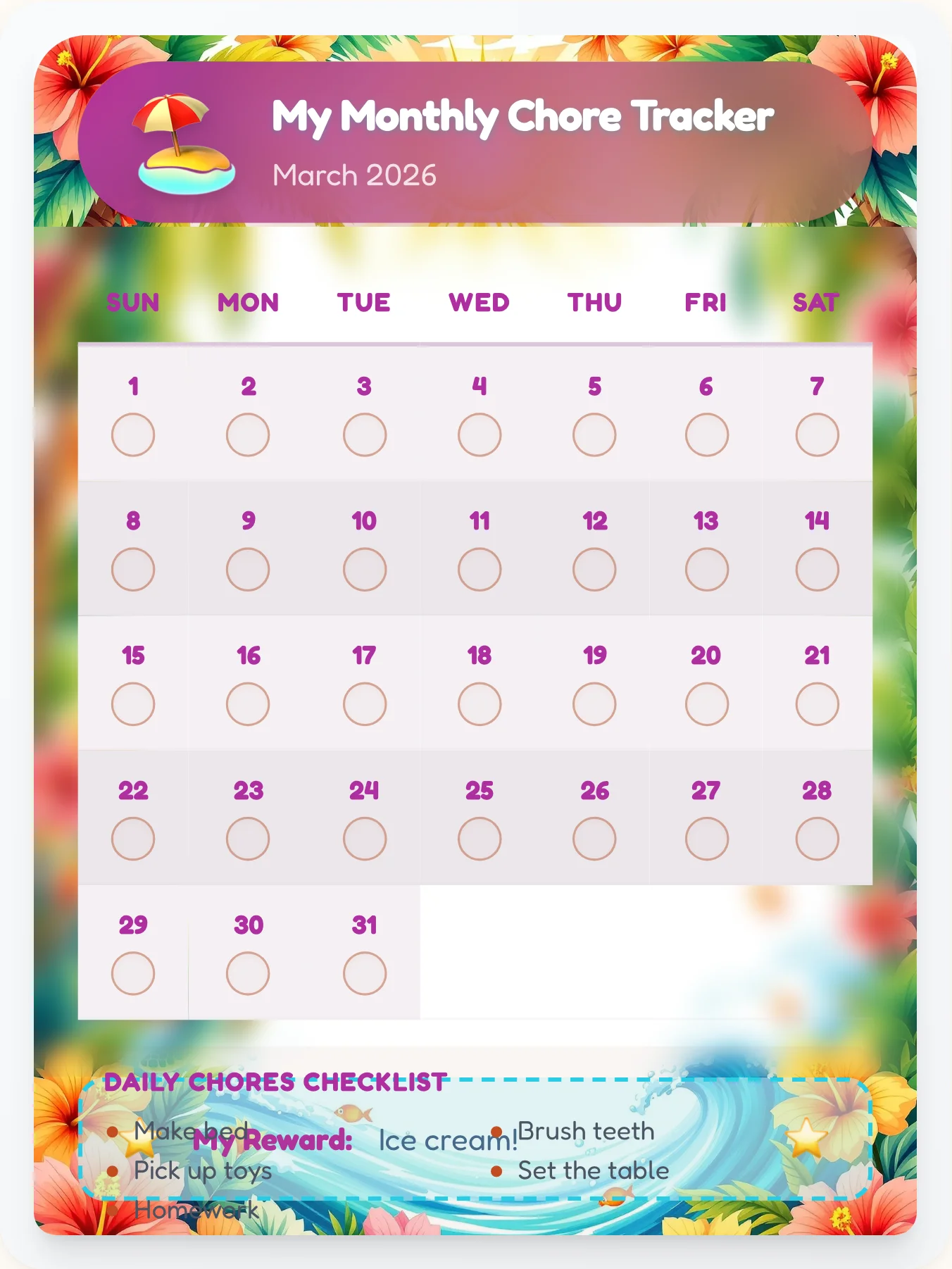 Airy Beach Calendar Chart - printable beach chore chart