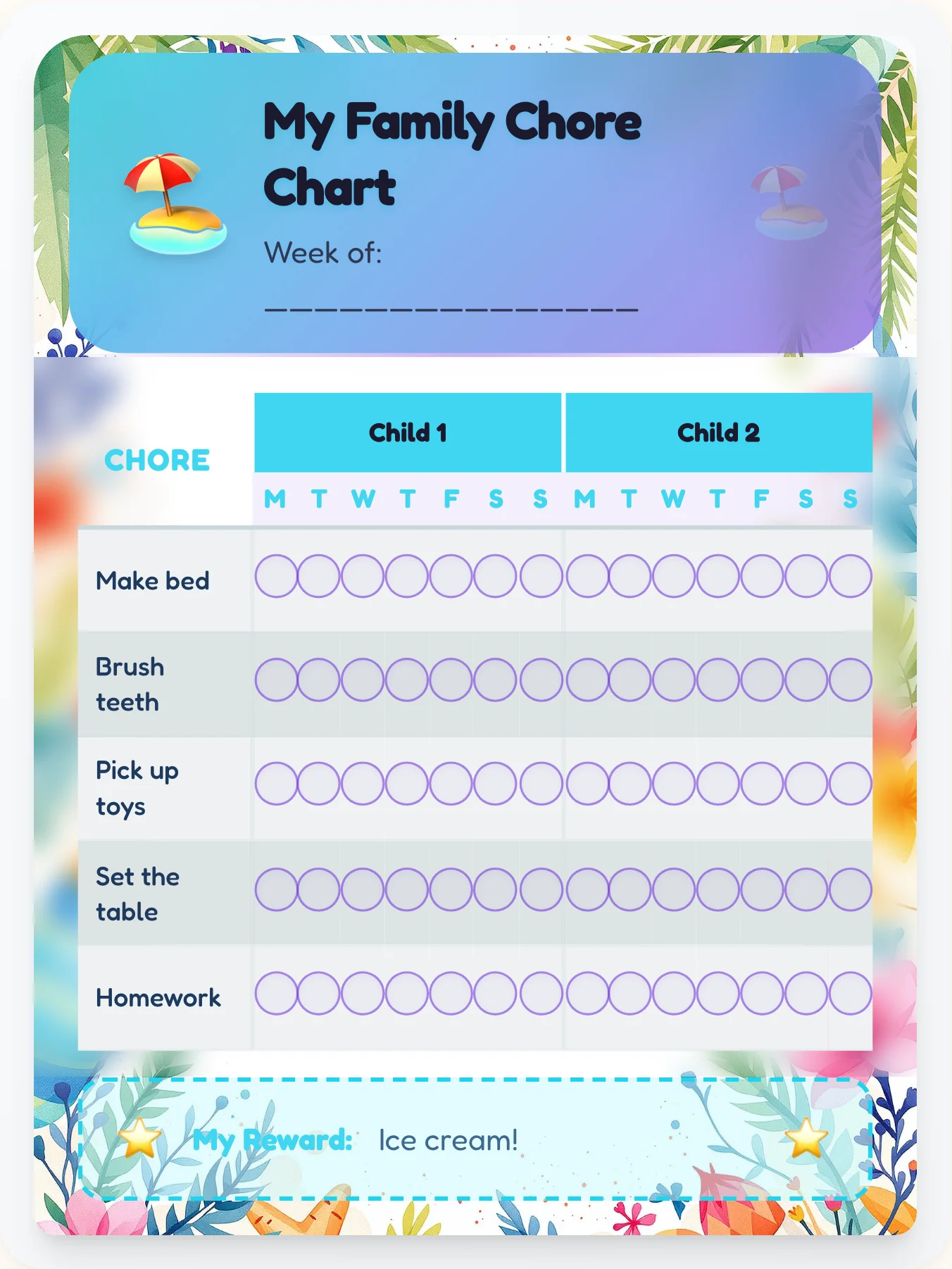 Harmony Beach Multi-Kid Tracker - printable beach chore chart