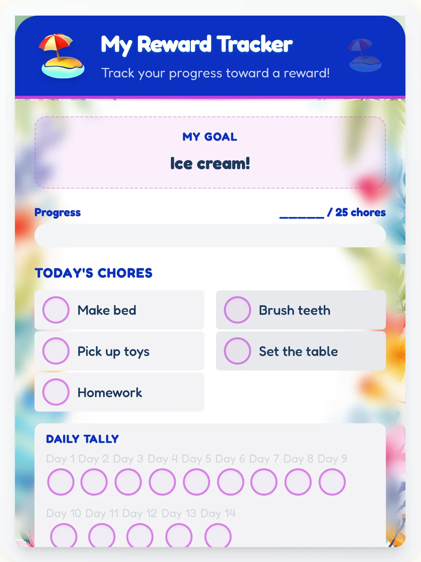 Mellow Beach Reward Board - printable beach chore chart