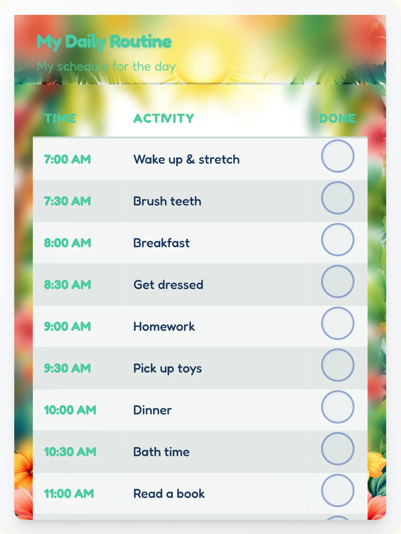 Dainty Beach Routine Board — Free Printable Routine Schedule Template - printable beach chore chart