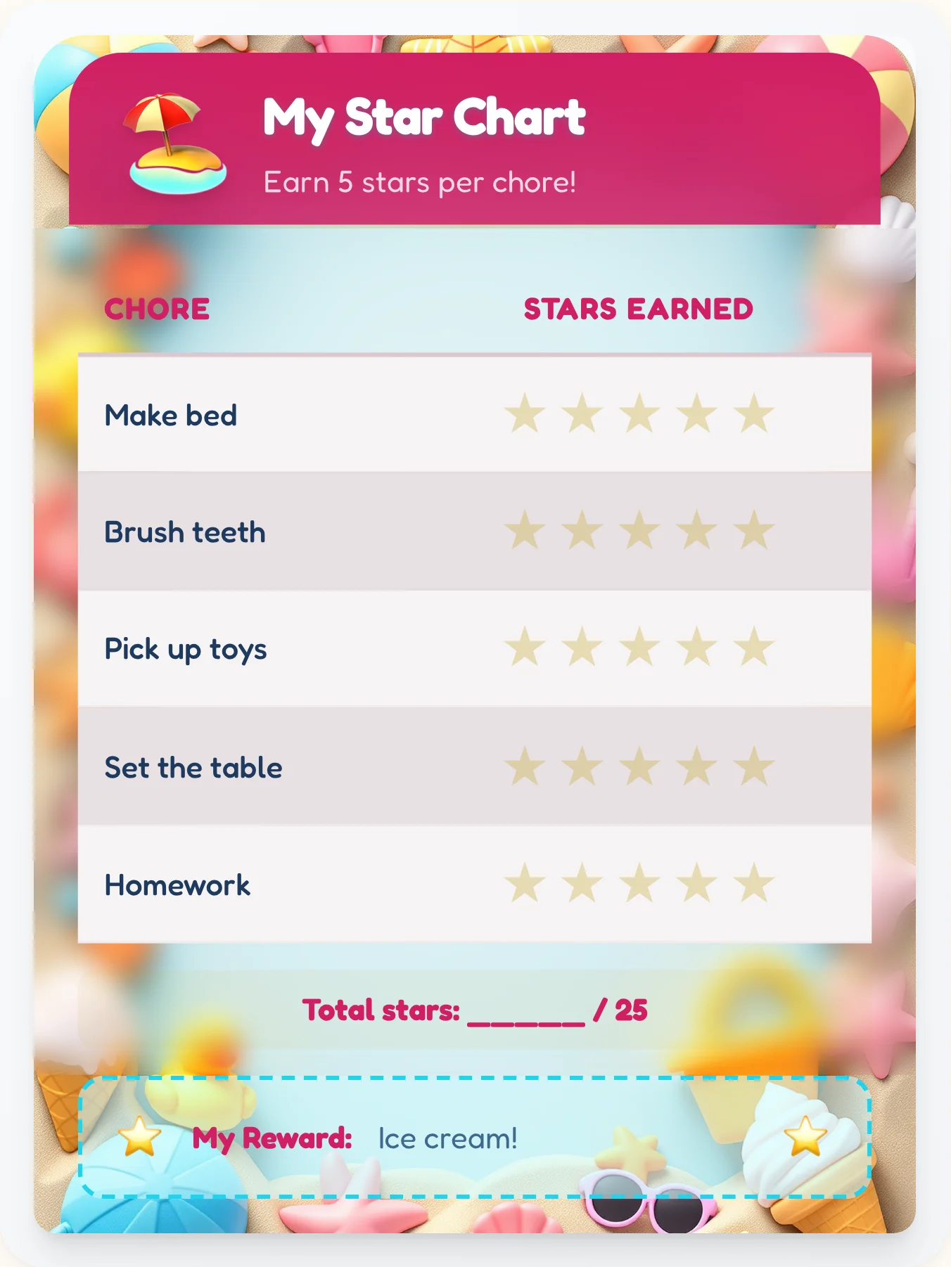 Electric Beach Star Rewards - printable beach chore chart
