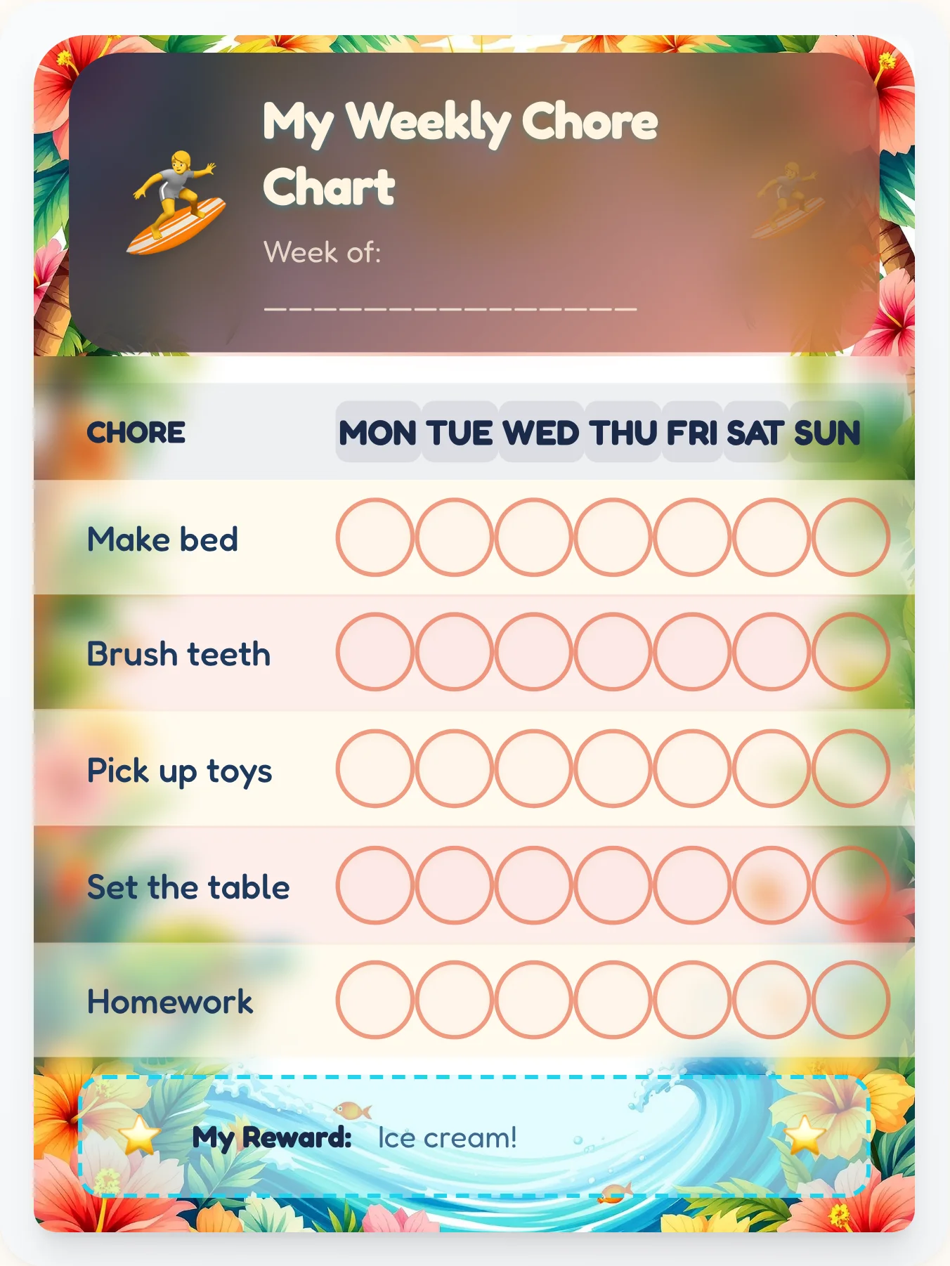 Retro Surf Beach Chore Chart for Kids | Printable 1960s Vintage Style - printable beach chore chart