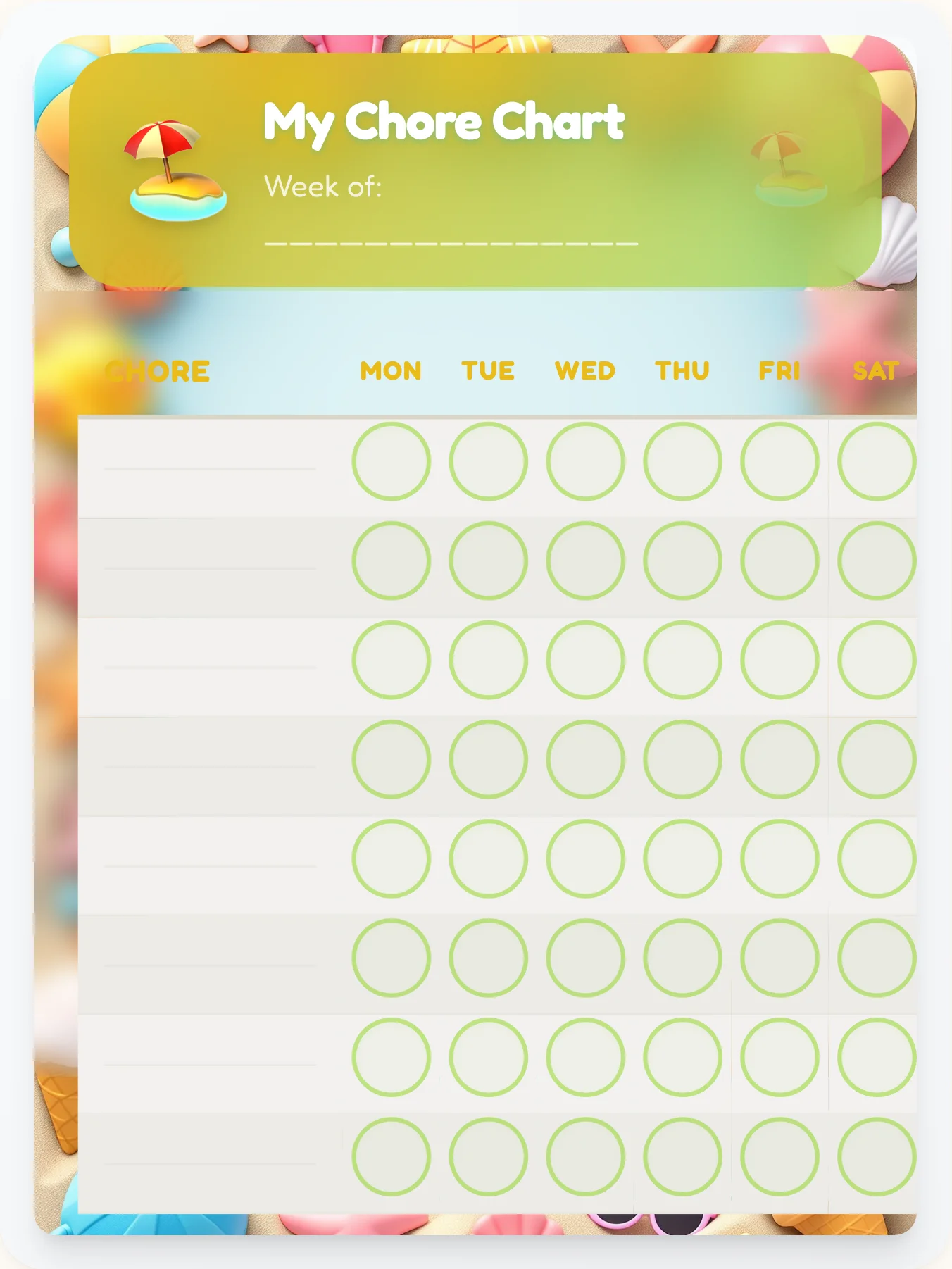 Happy Beach Custom Chart - printable beach chore chart