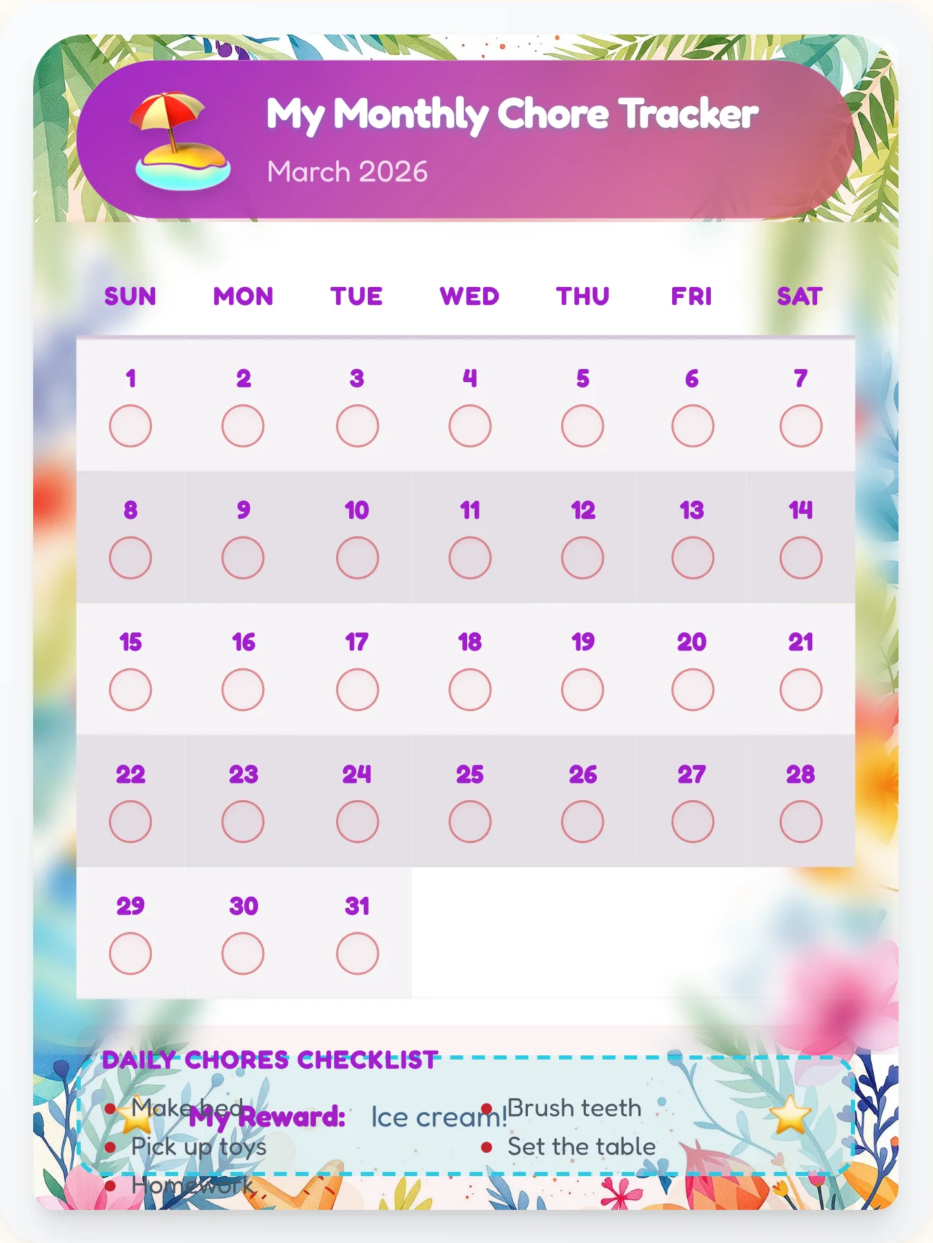 Urban Beach Month View - printable beach chore chart