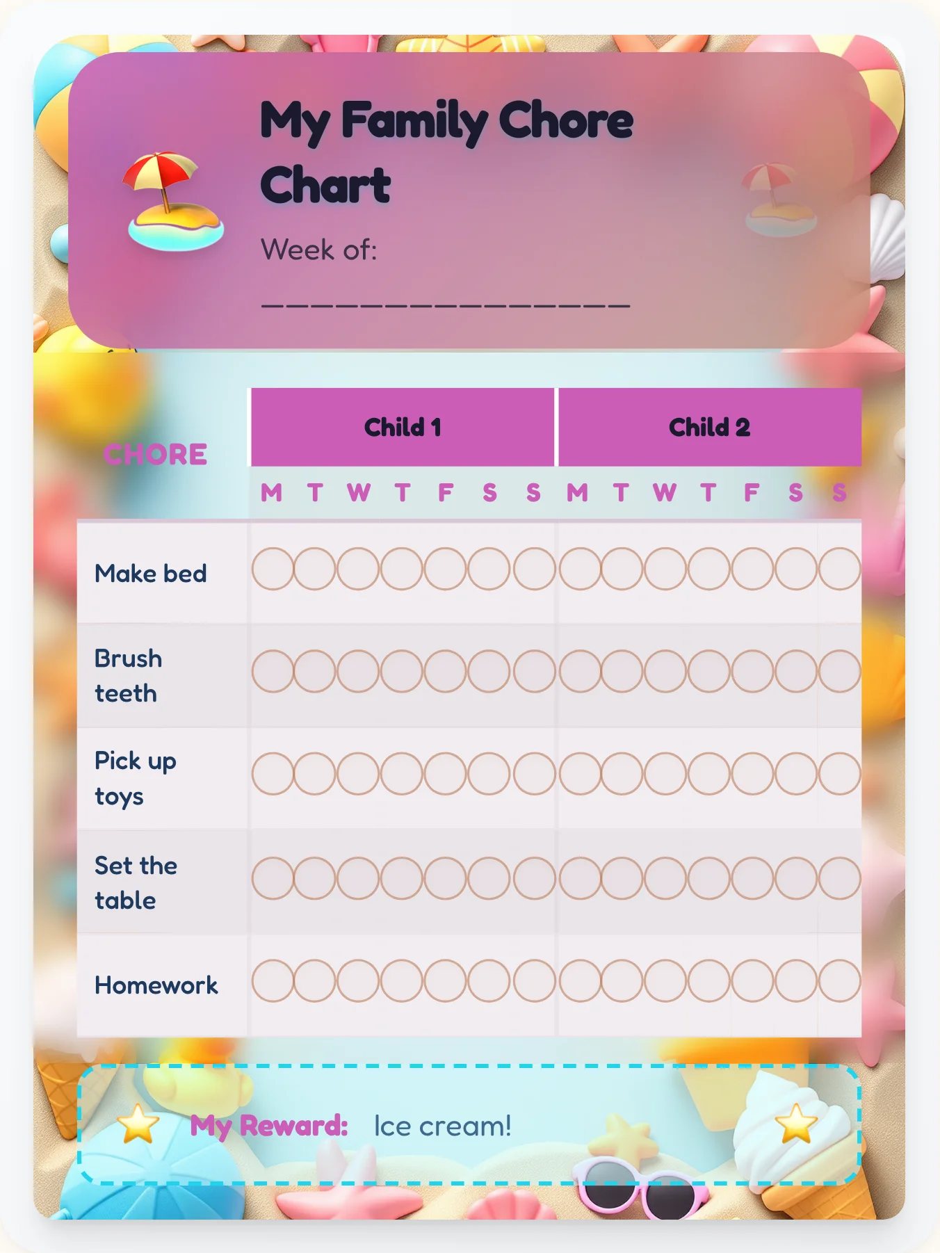 Hazy Beach Group Planner - printable beach chore chart