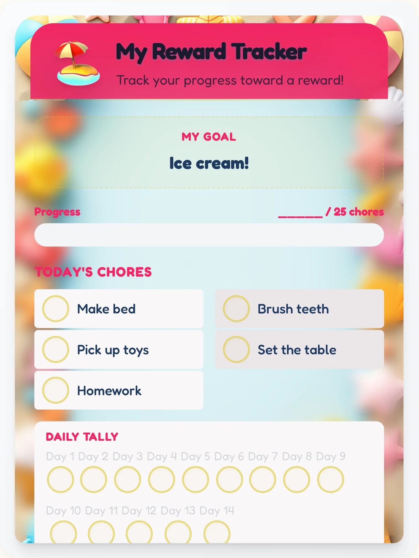Electric Beach Goal Chart - printable beach chore chart