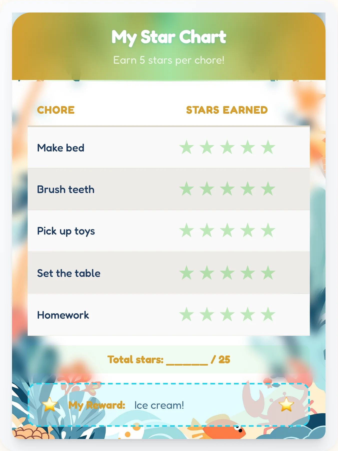 Happy Beach Gold Stars - printable beach chore chart
