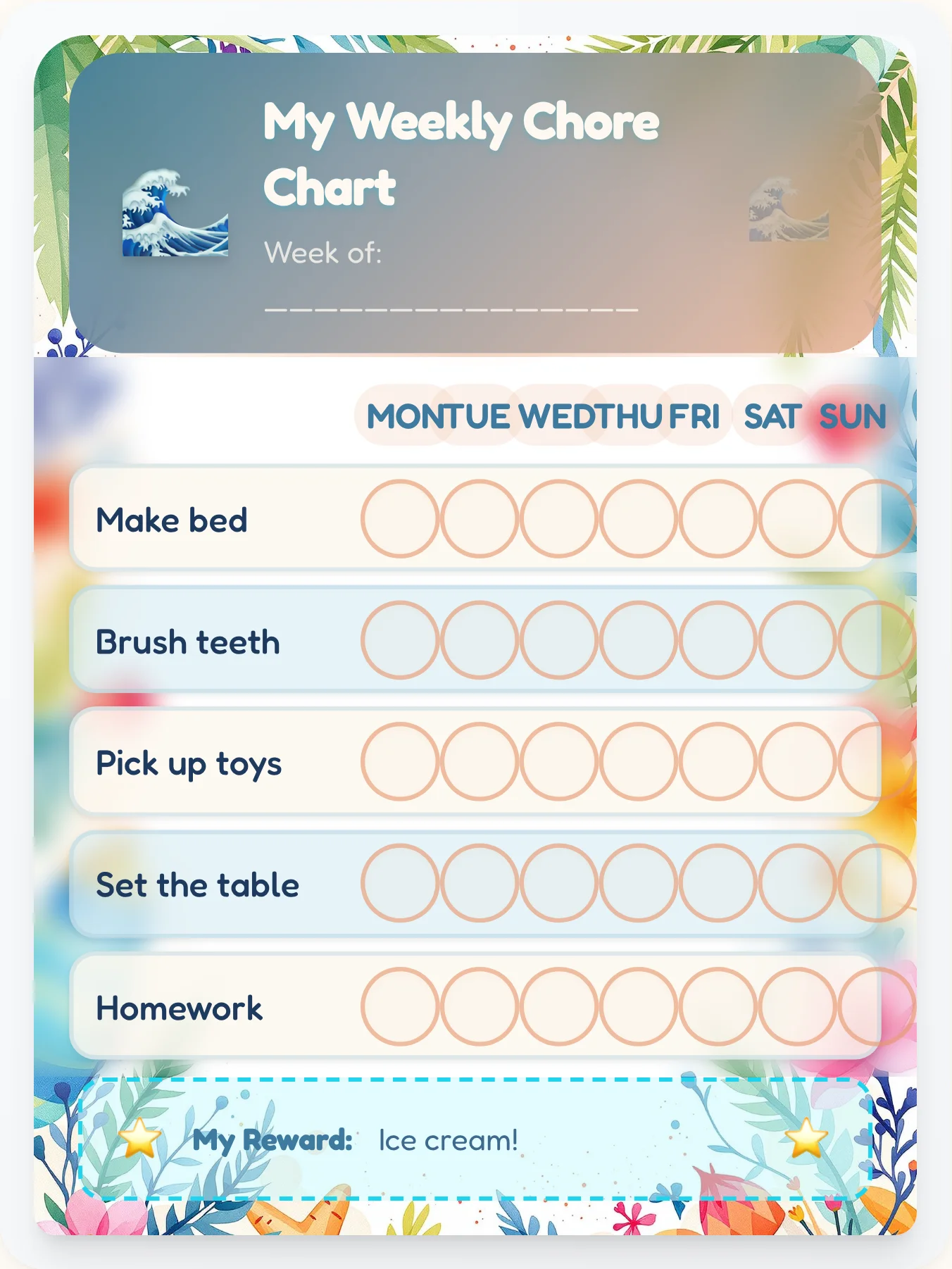 Beach Watercolor Chore Chart - printable beach chore chart