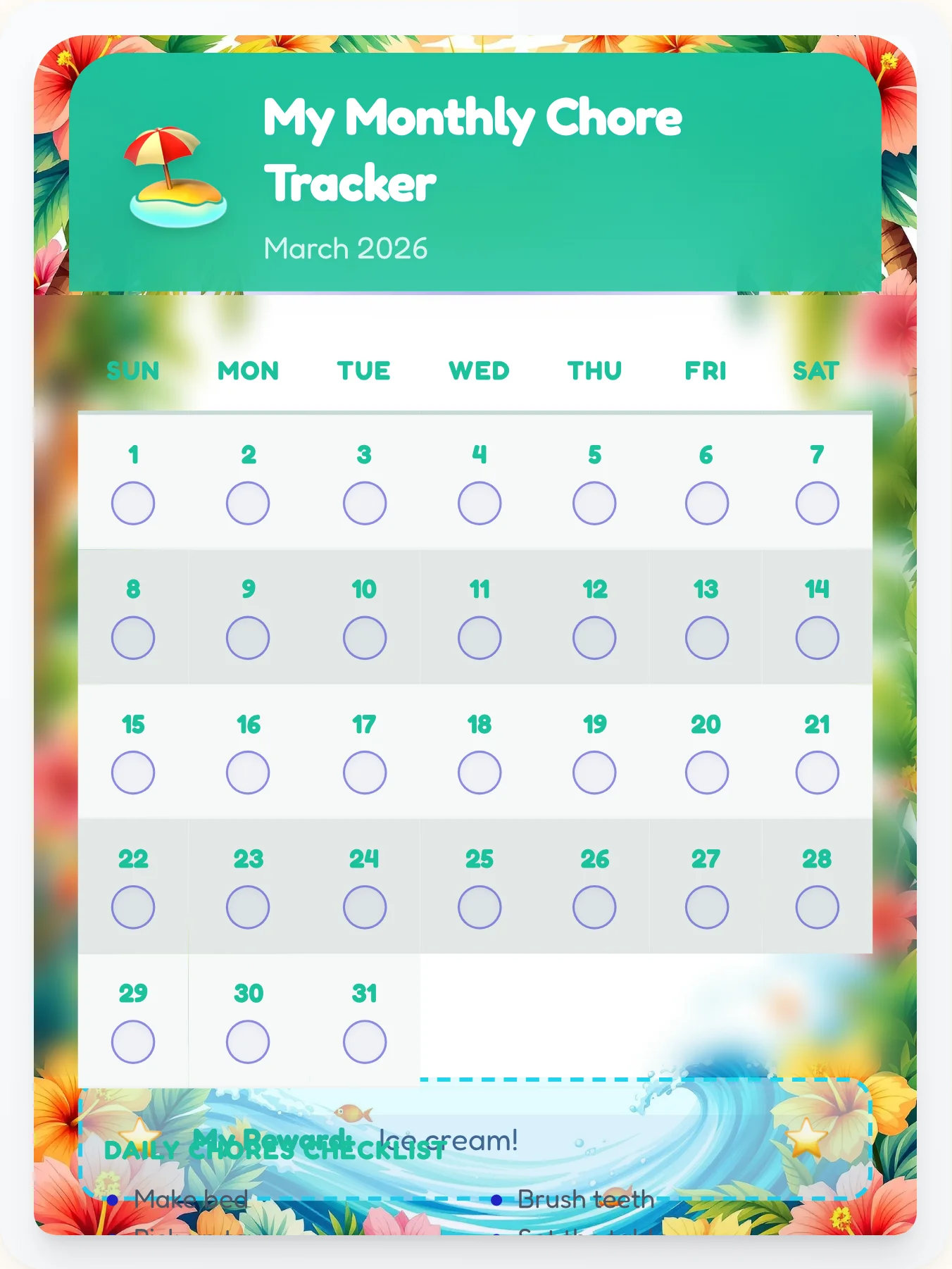 Enchanted Beach Calendar Board - printable beach chore chart