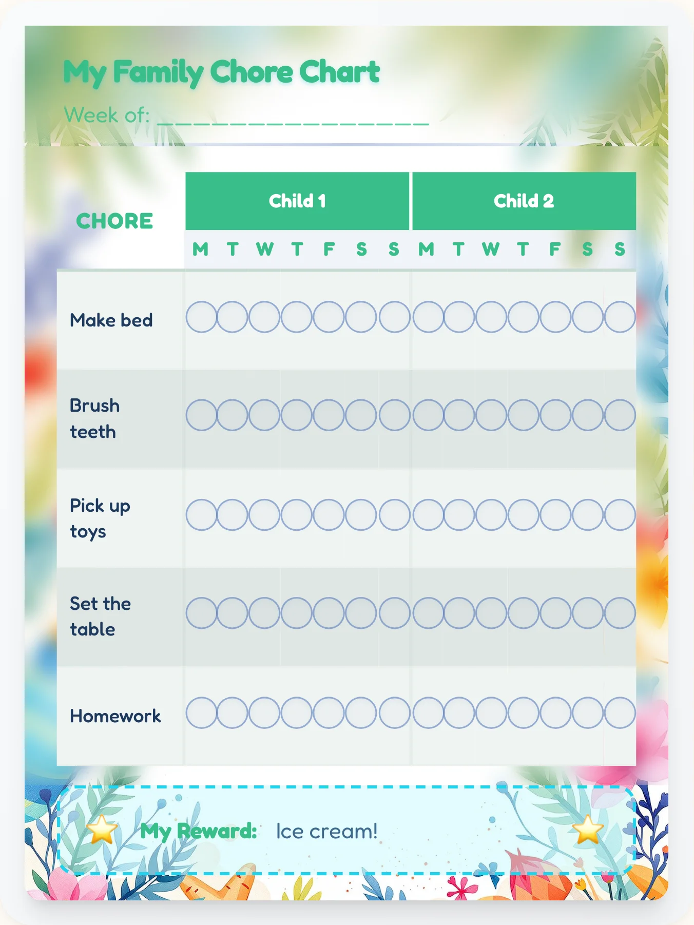 Dainty Beach Family Chart - printable beach chore chart