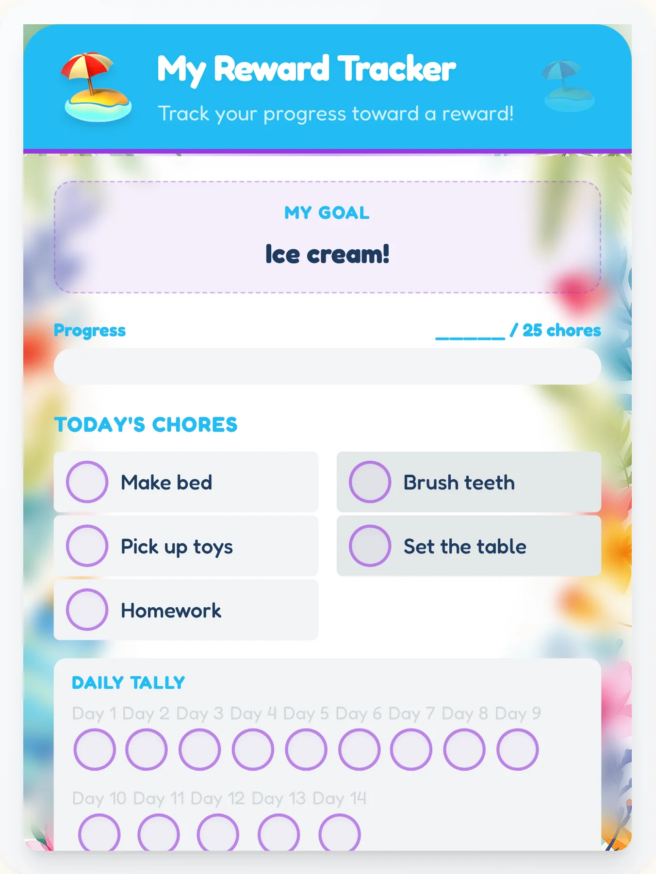 Inspiring Beach Goal Chart - printable beach chore chart