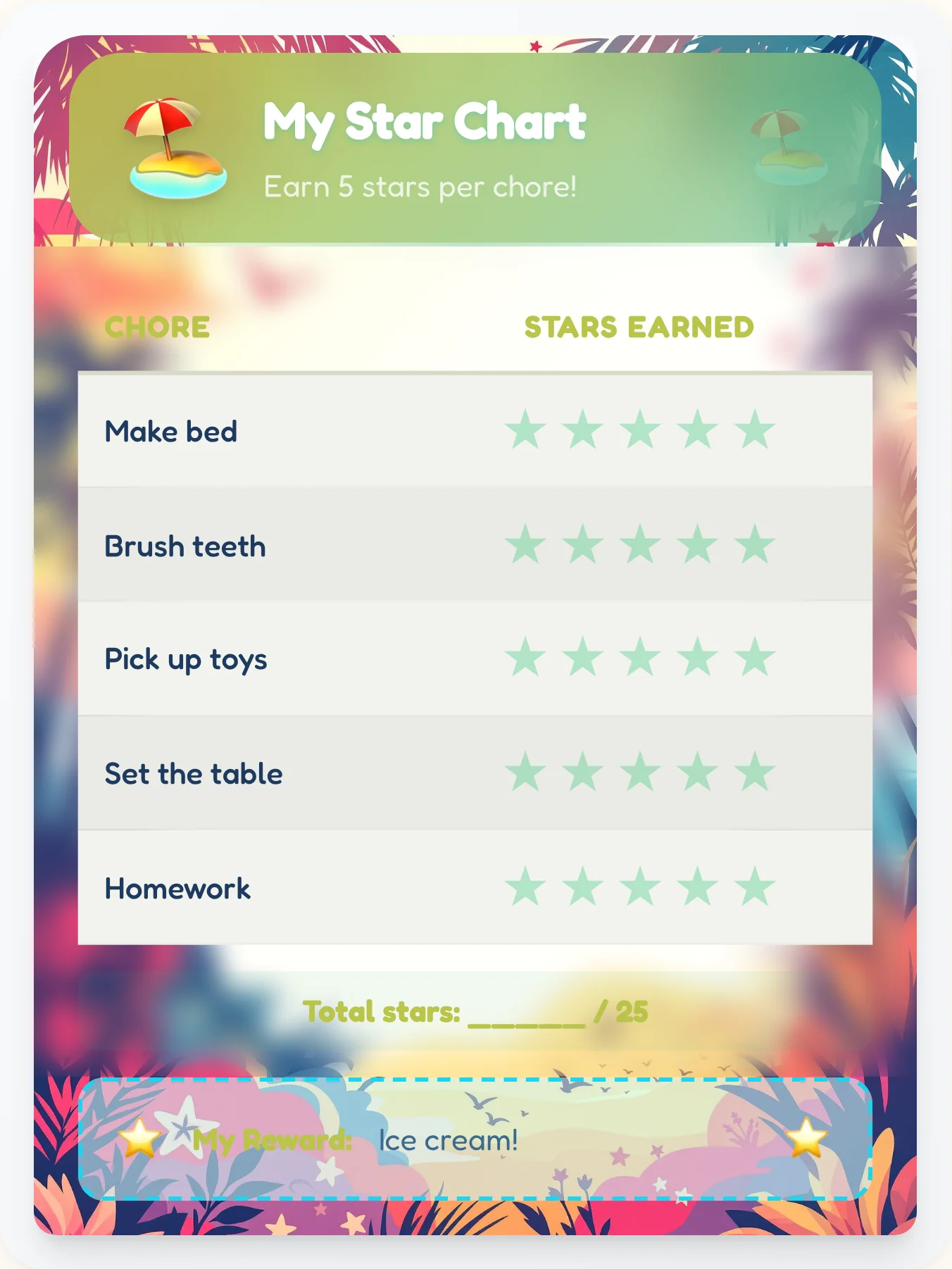 Misty Beach Star Chart - printable beach chore chart