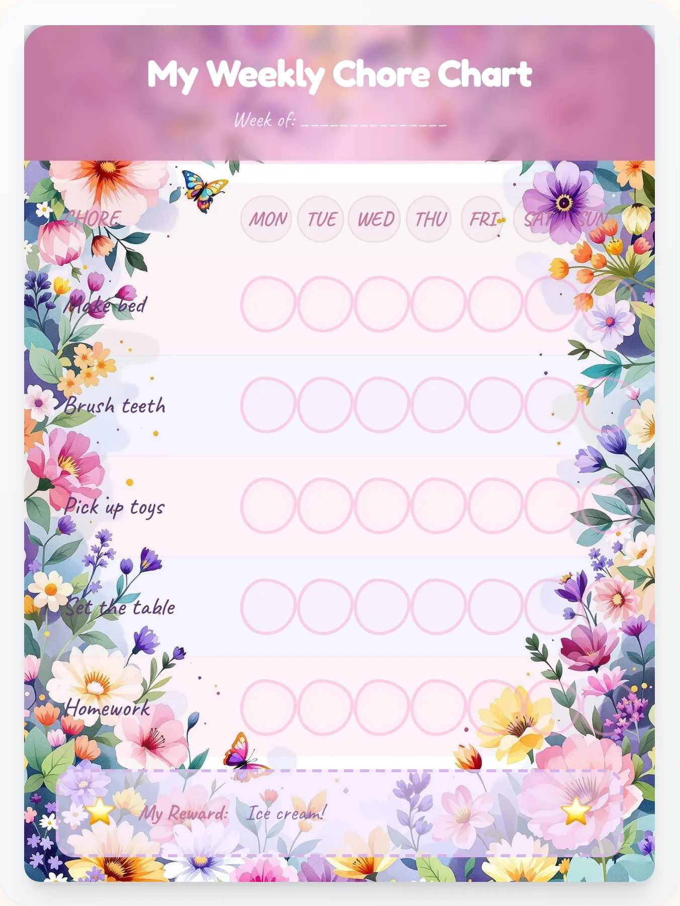 Blossom Wing Butterfly Chore Chart - printable butterfly chore chart