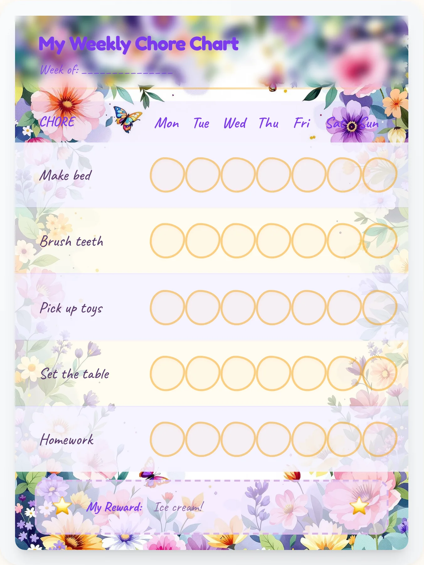 Butterfly Garden Watercolor Chore Chart - printable butterfly chore chart