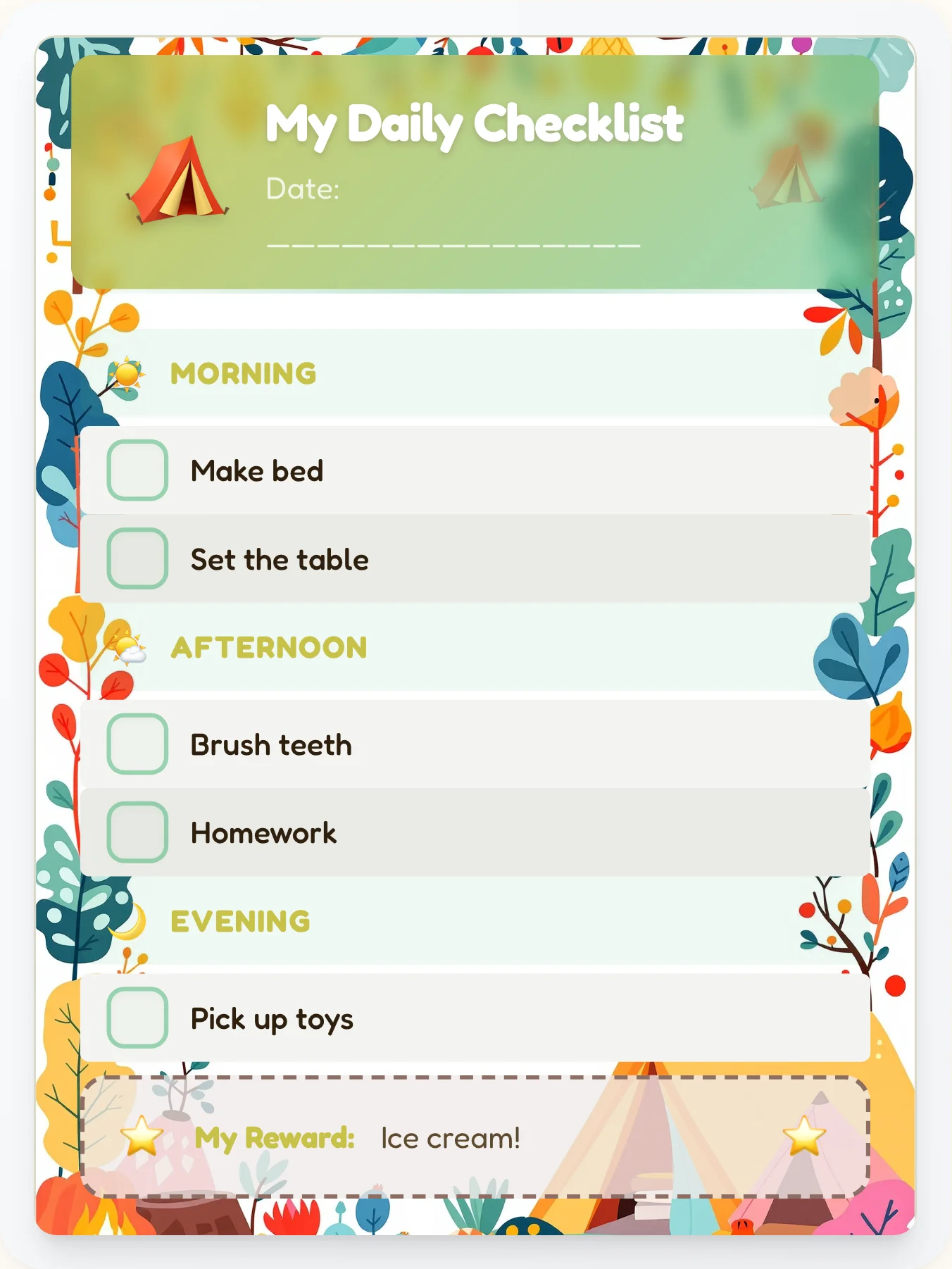 Lively Camping Checklist - printable camping chore chart