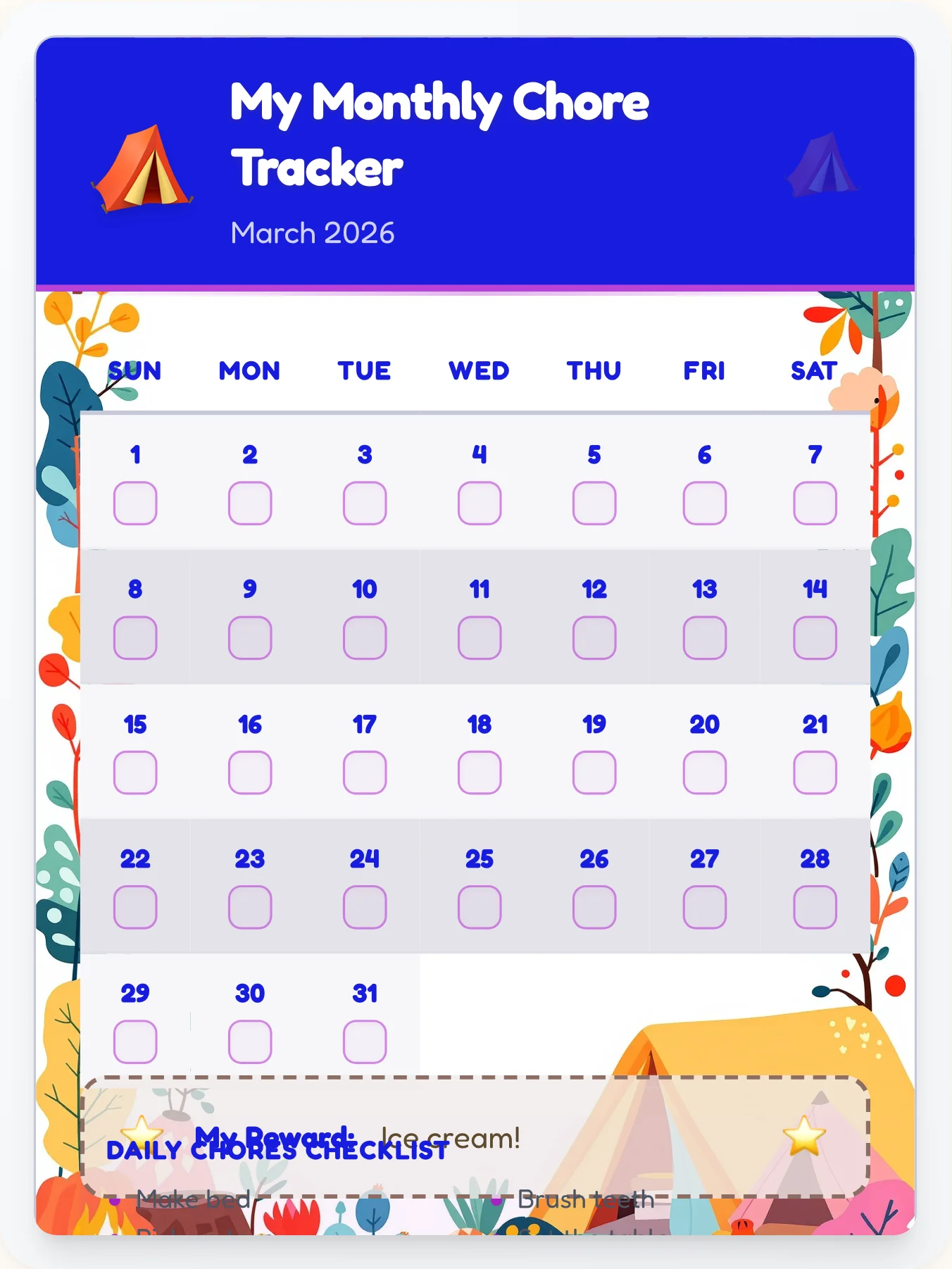 Natural Camping Calendar Chart - printable camping chore chart