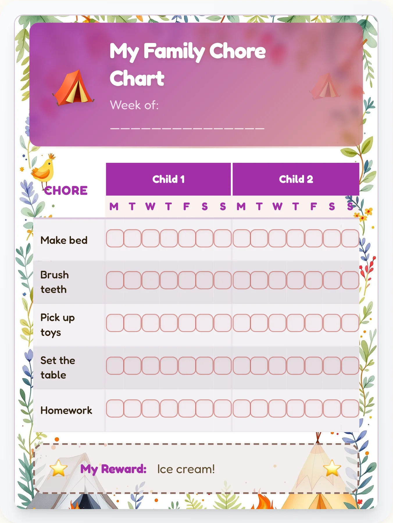 Whimsical Camping Sibling Board - printable camping chore chart