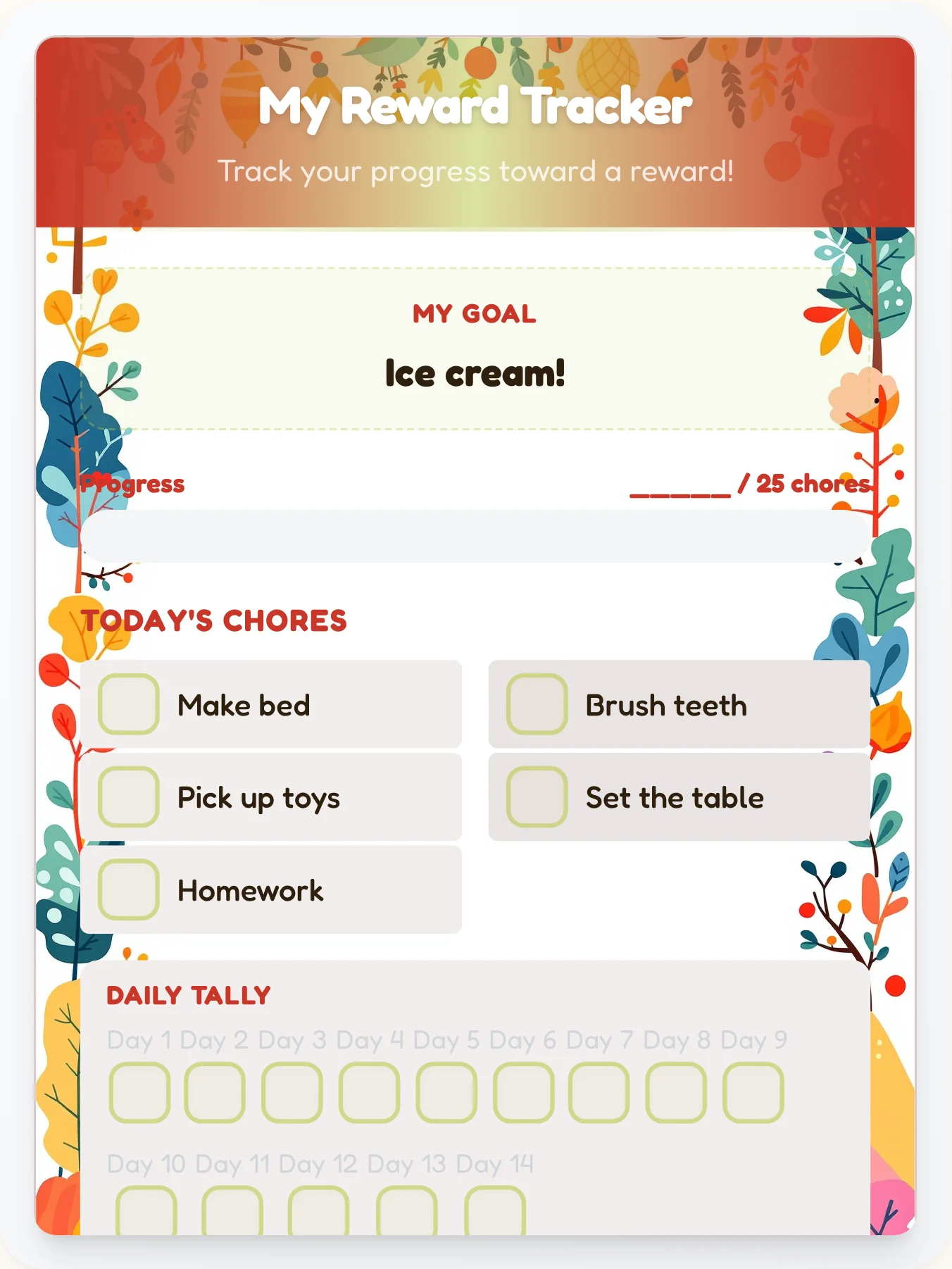 Bright Camping Goal Chart - printable camping chore chart