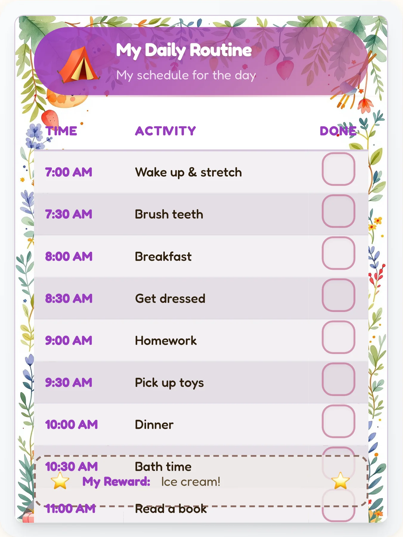 Urban Camping Routine Board - printable camping chore chart
