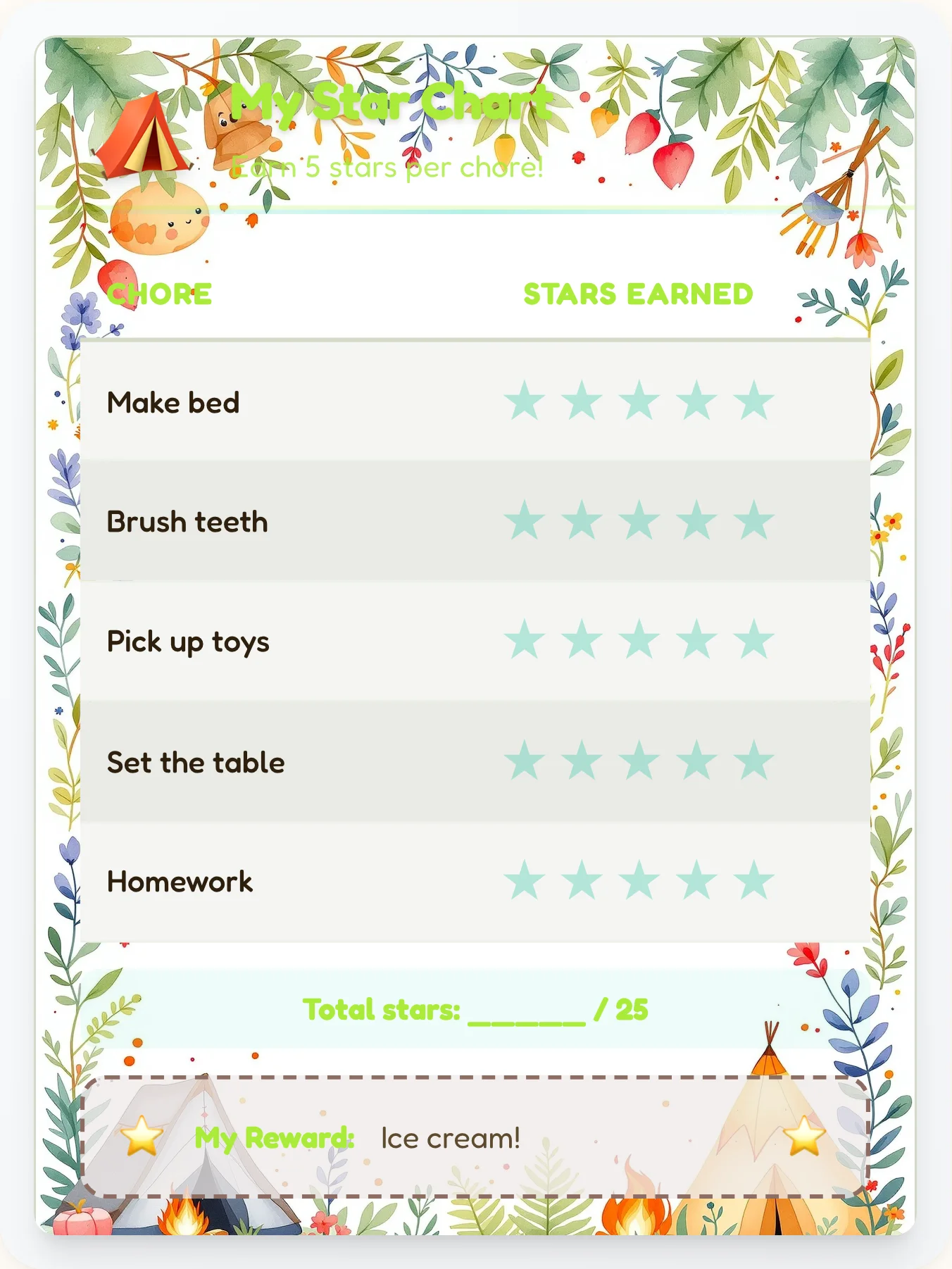 Playful Camping Star Board - printable camping chore chart