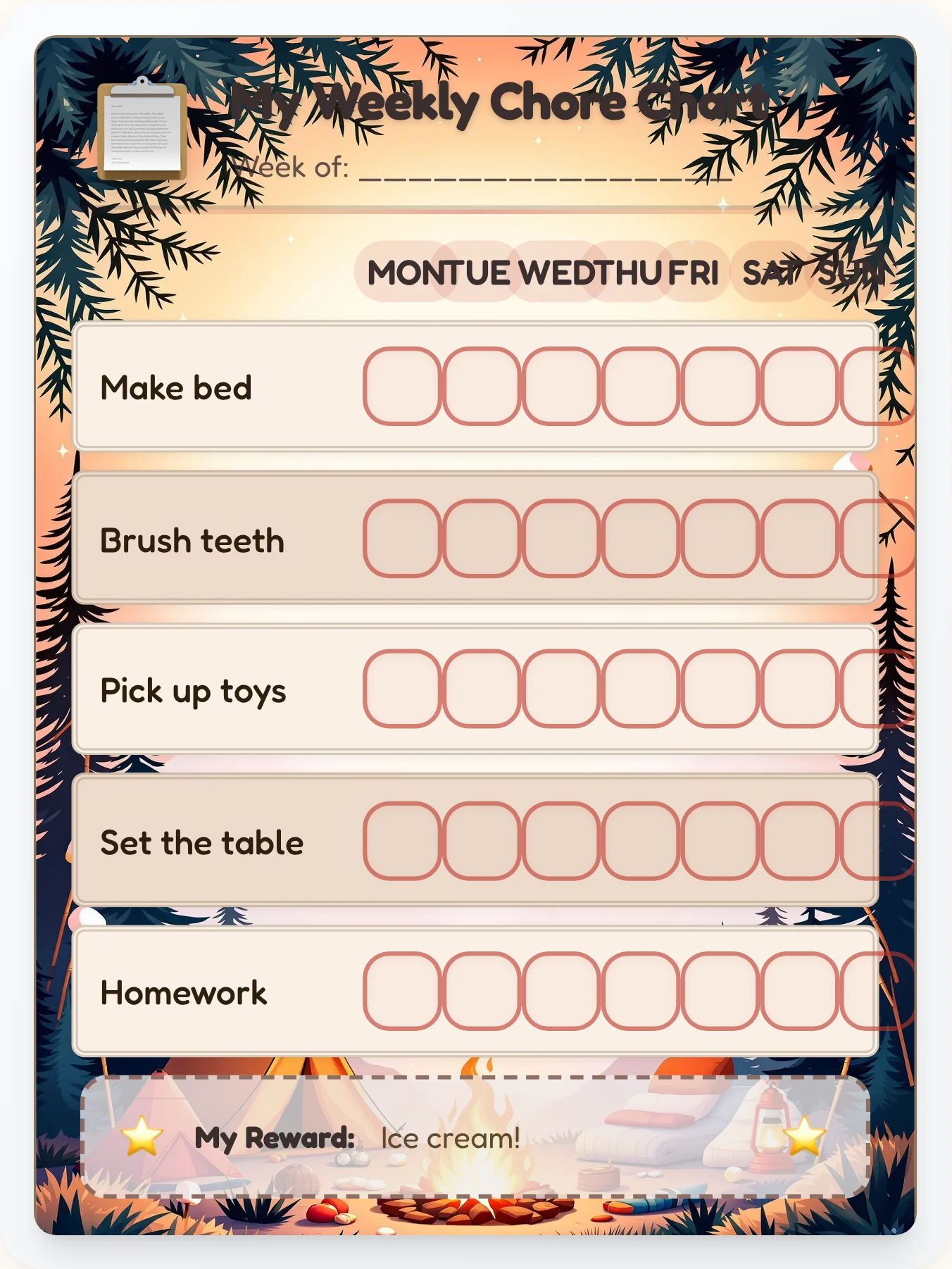 Camp Memory Book — Free Printable Camping Chore Chart - printable camping chore chart