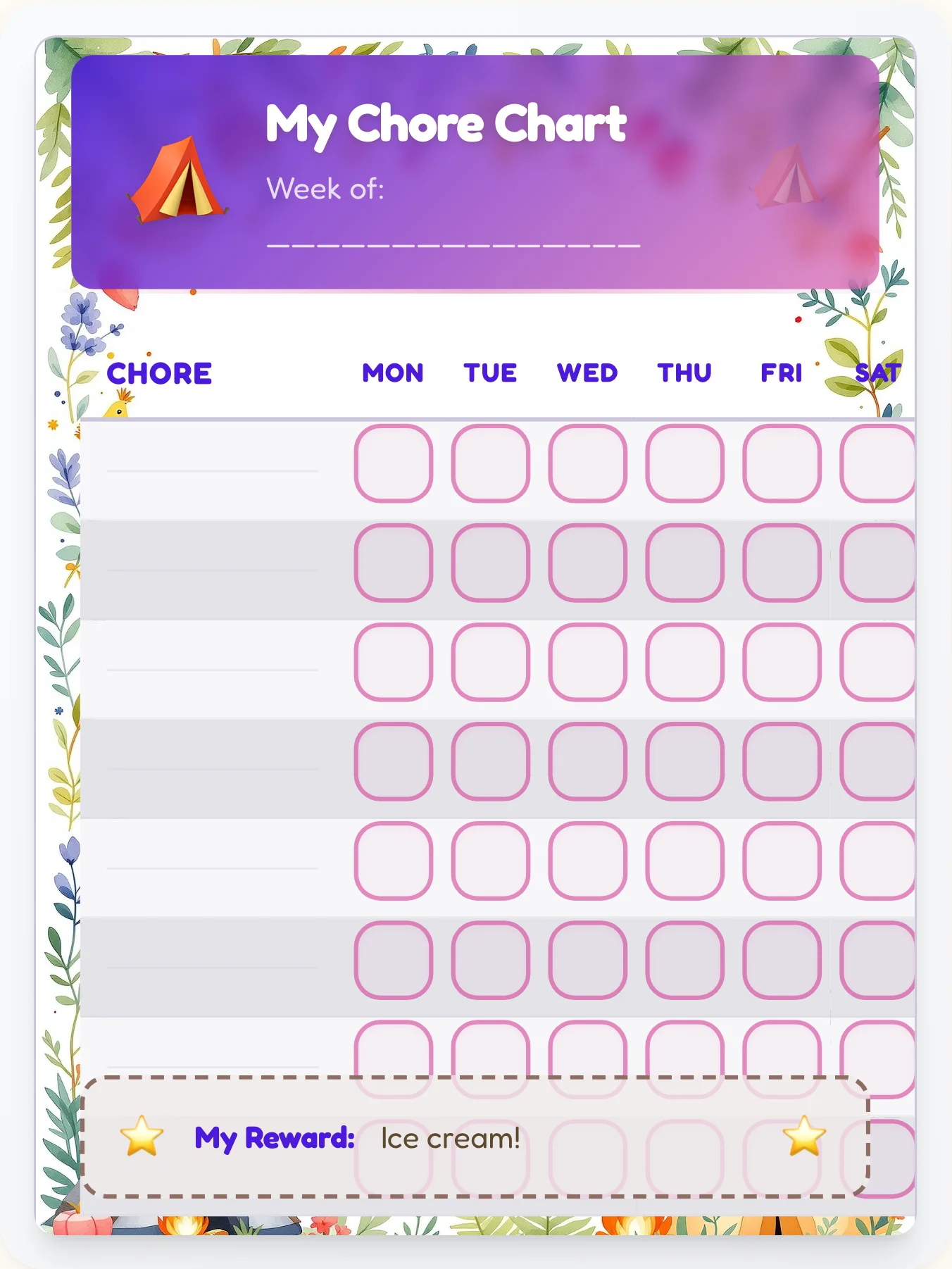 Peaceful Camping Free Form - printable camping chore chart
