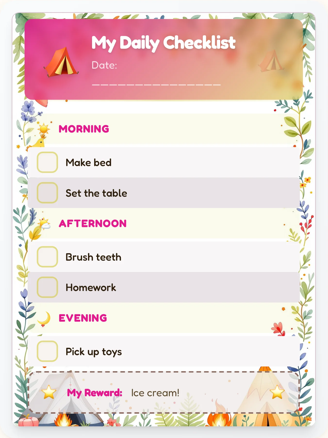 Calm Camping To-Do Chart - printable camping chore chart