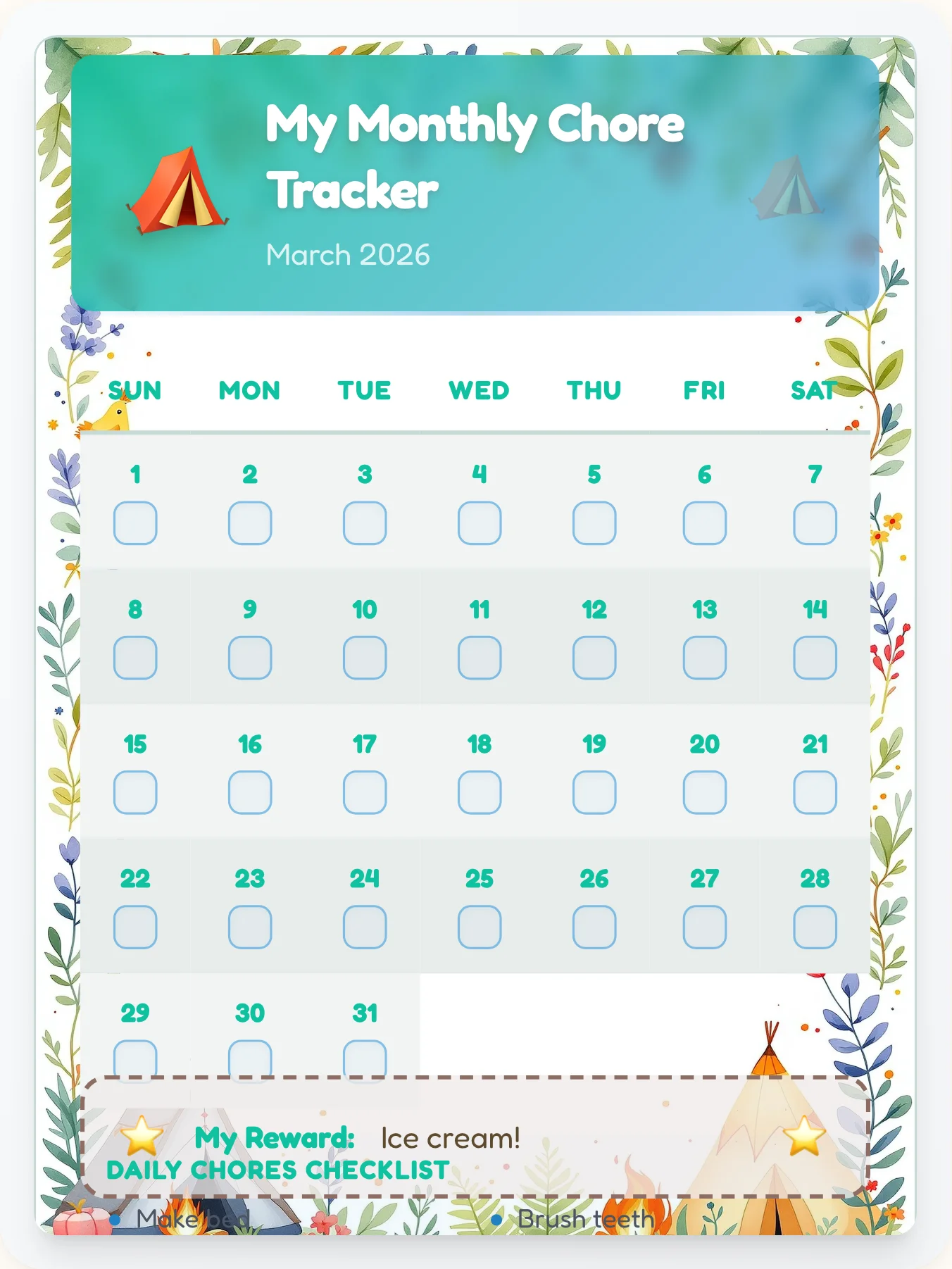 Funky Camping Calendar Chart - printable camping chore chart