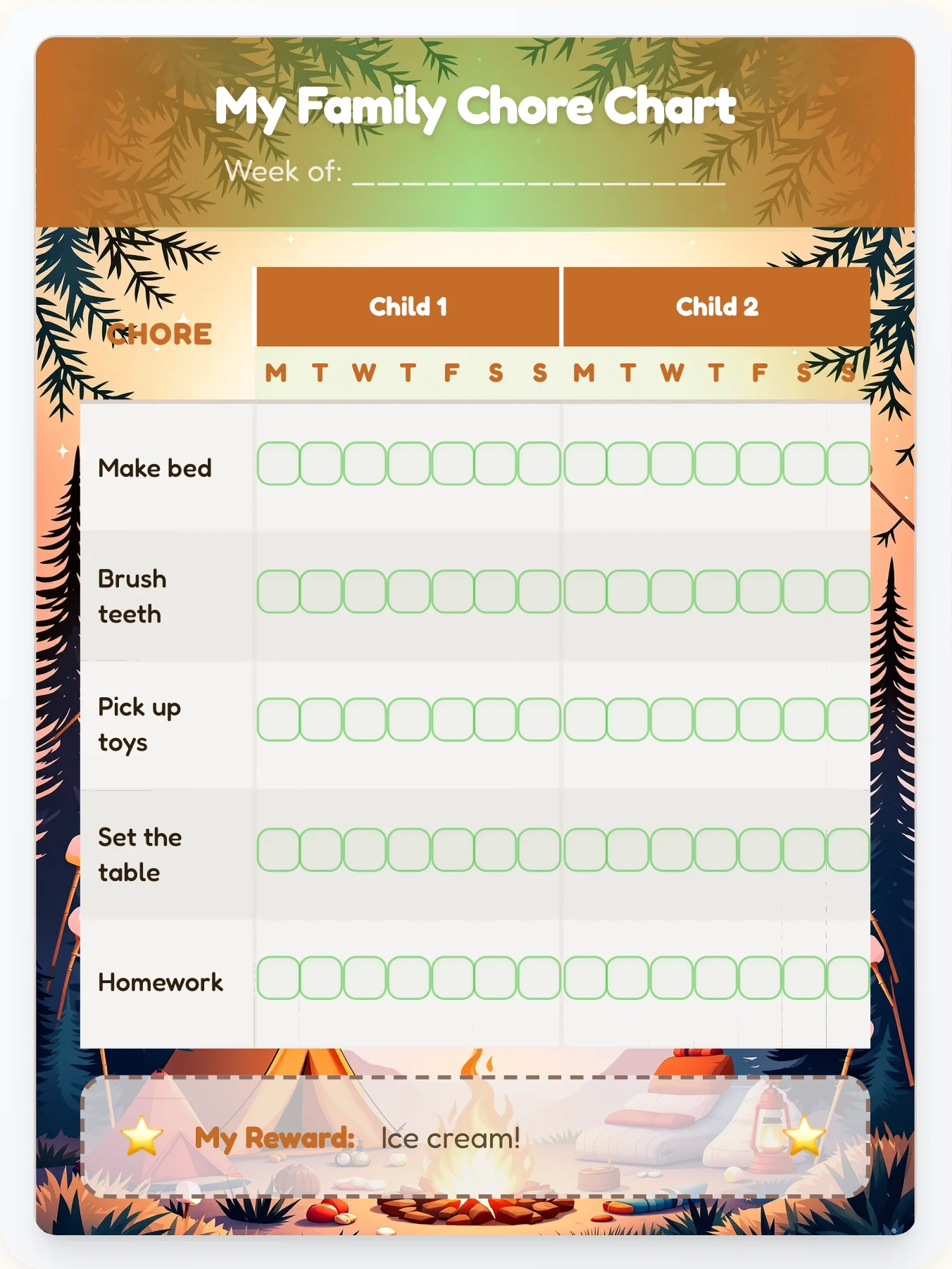 Fresh Camping Team Chart - printable camping chore chart