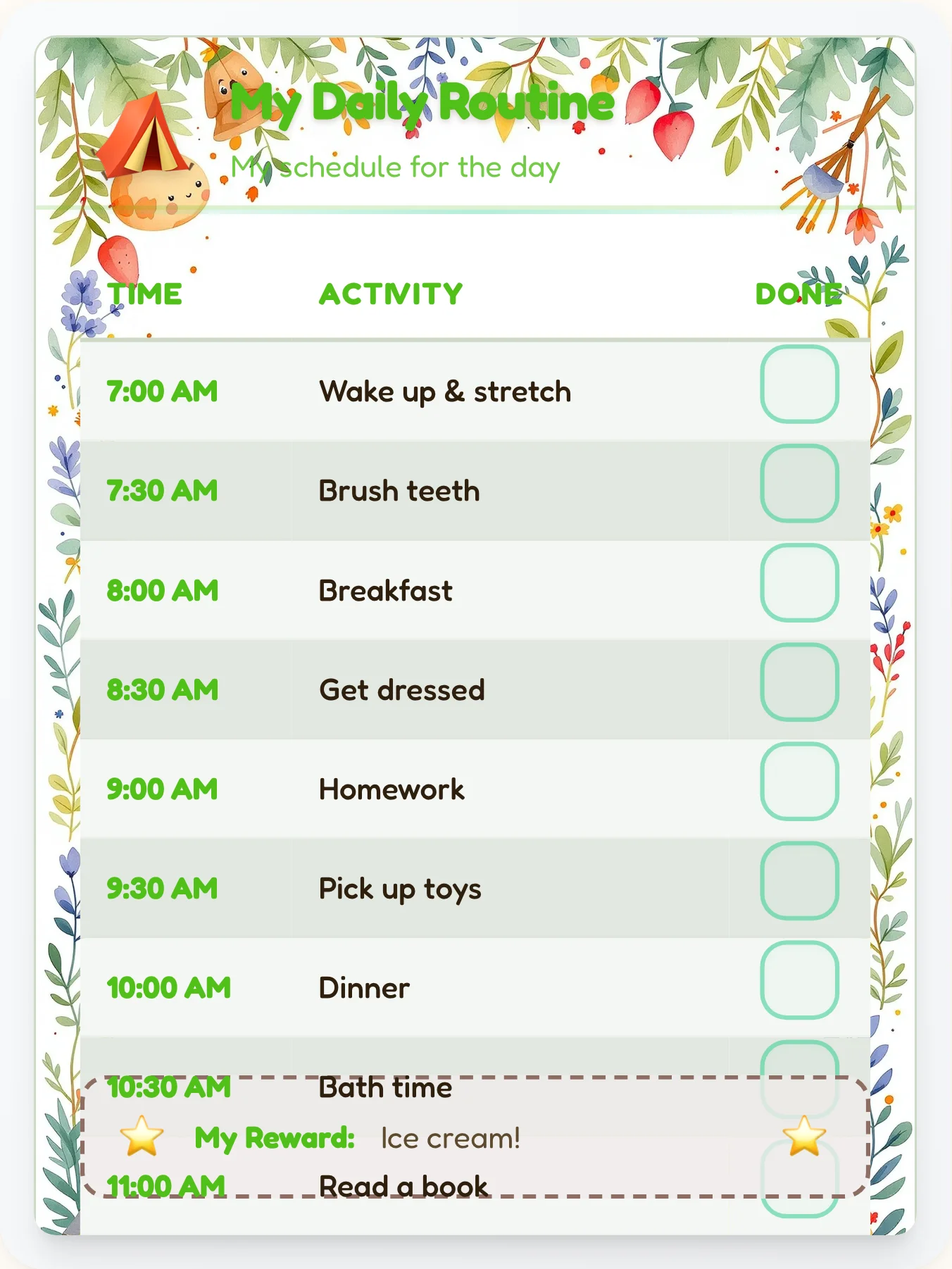 Radiant Camping Schedule Chart - printable camping chore chart