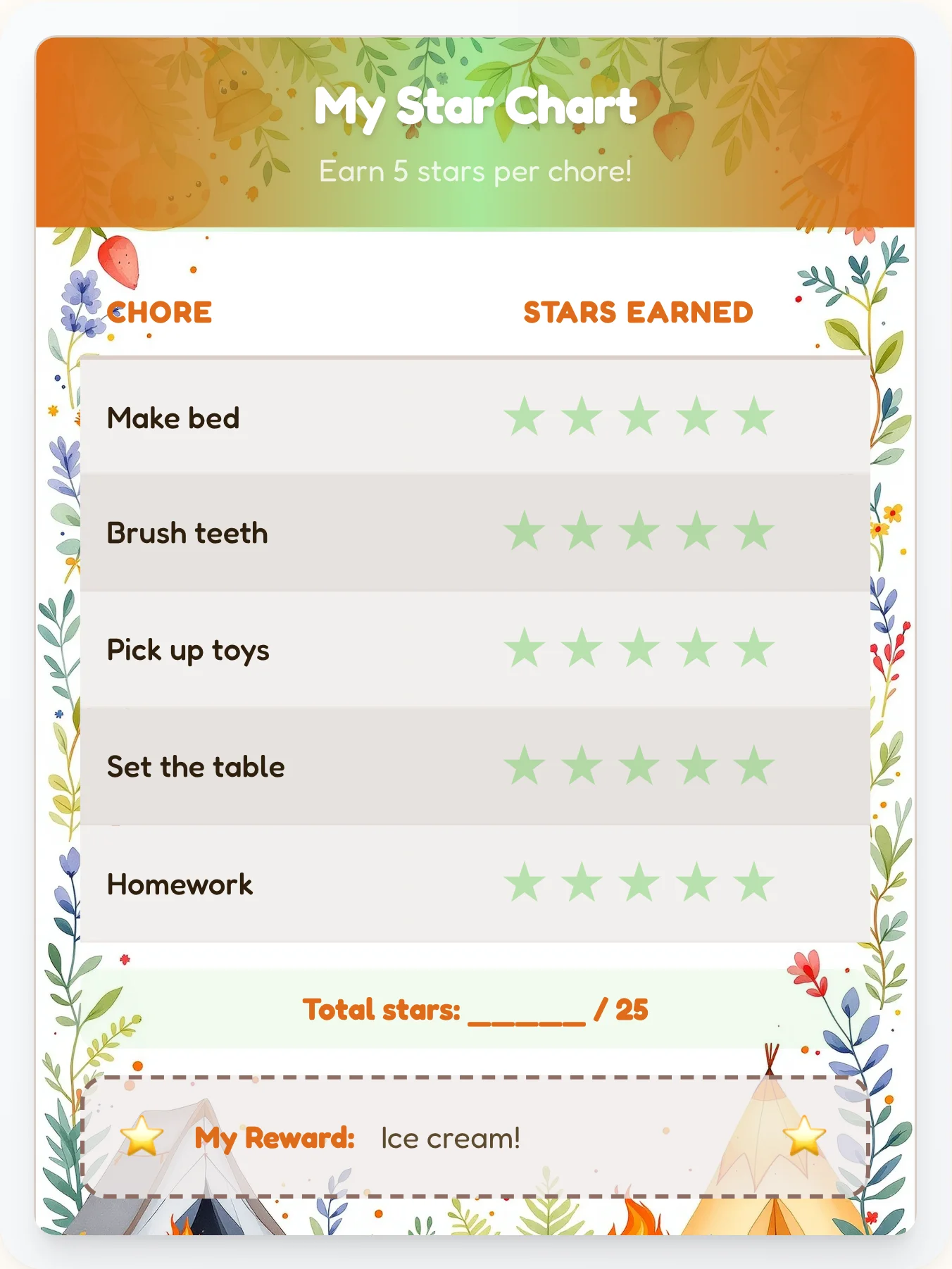 Fresh Camping Gold Stars - printable camping chore chart