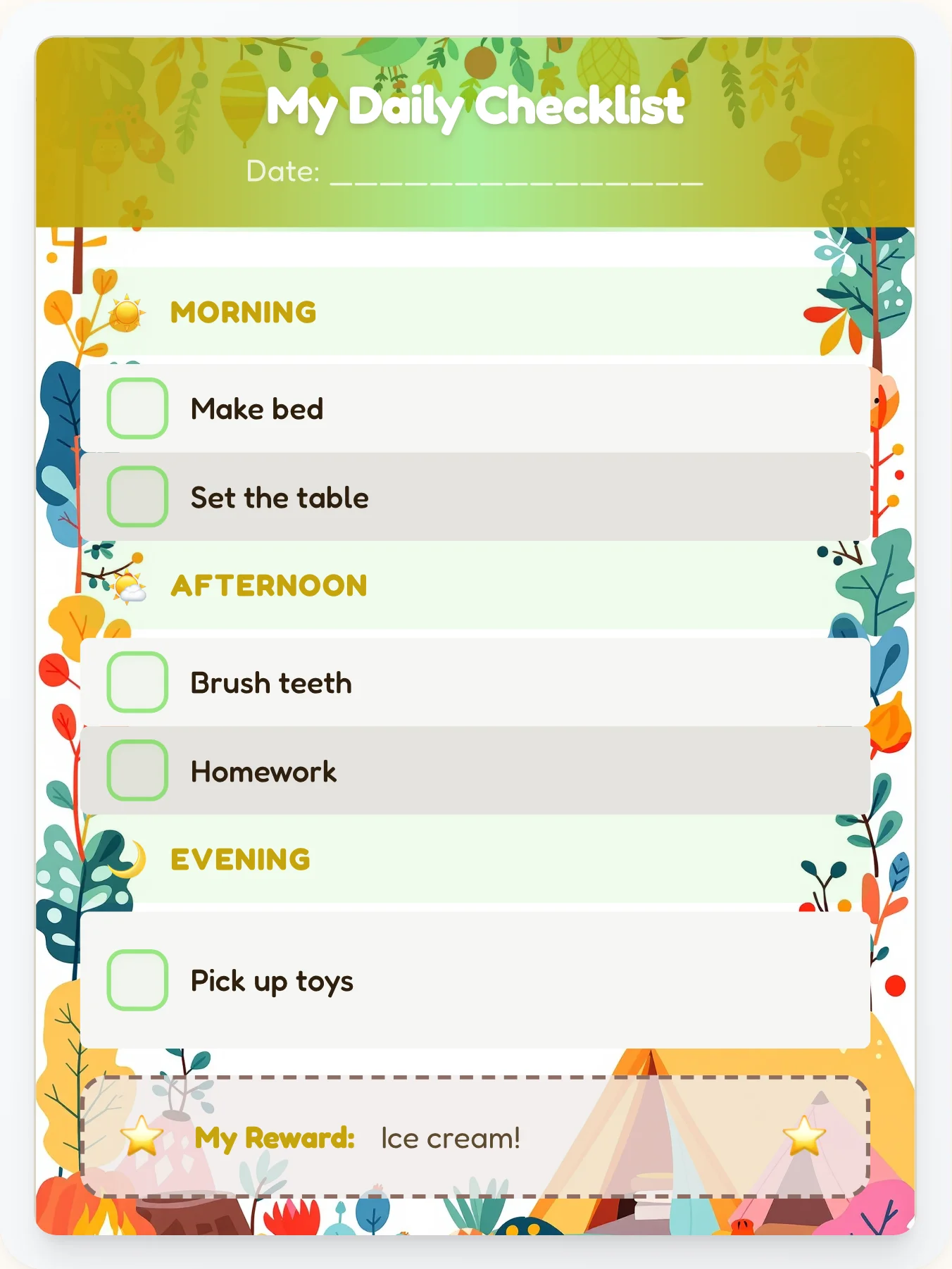 Jolly Camping Checklist - printable camping chore chart