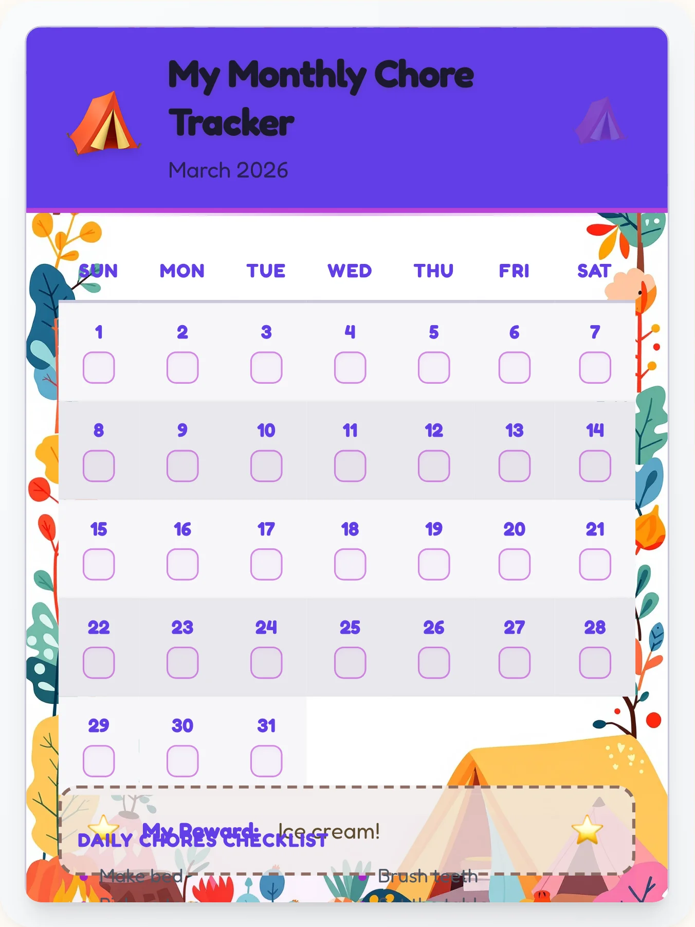 Peaceful Camping Monthly Grid - printable camping chore chart