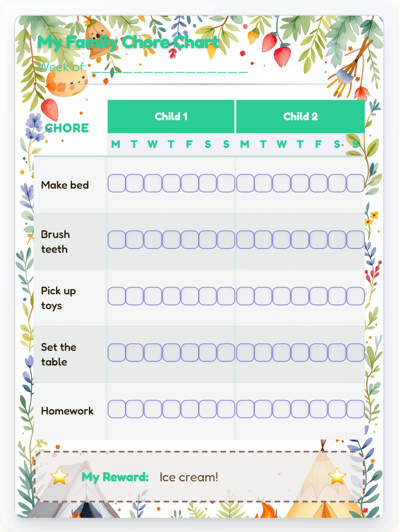 Enchanted Camping Multi-Kid Tracker - printable camping chore chart