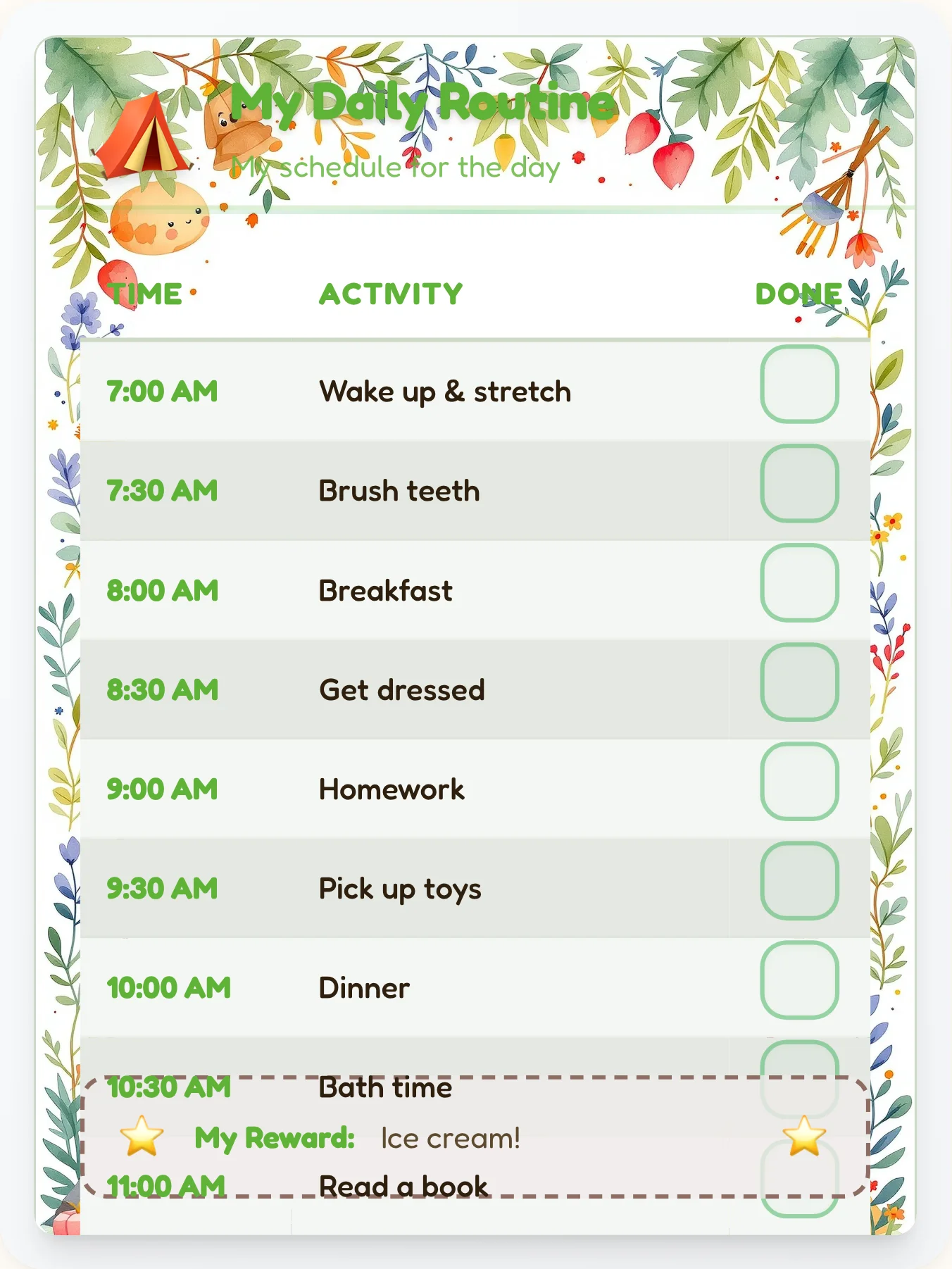 Radiant Camping Routine Board - printable camping chore chart