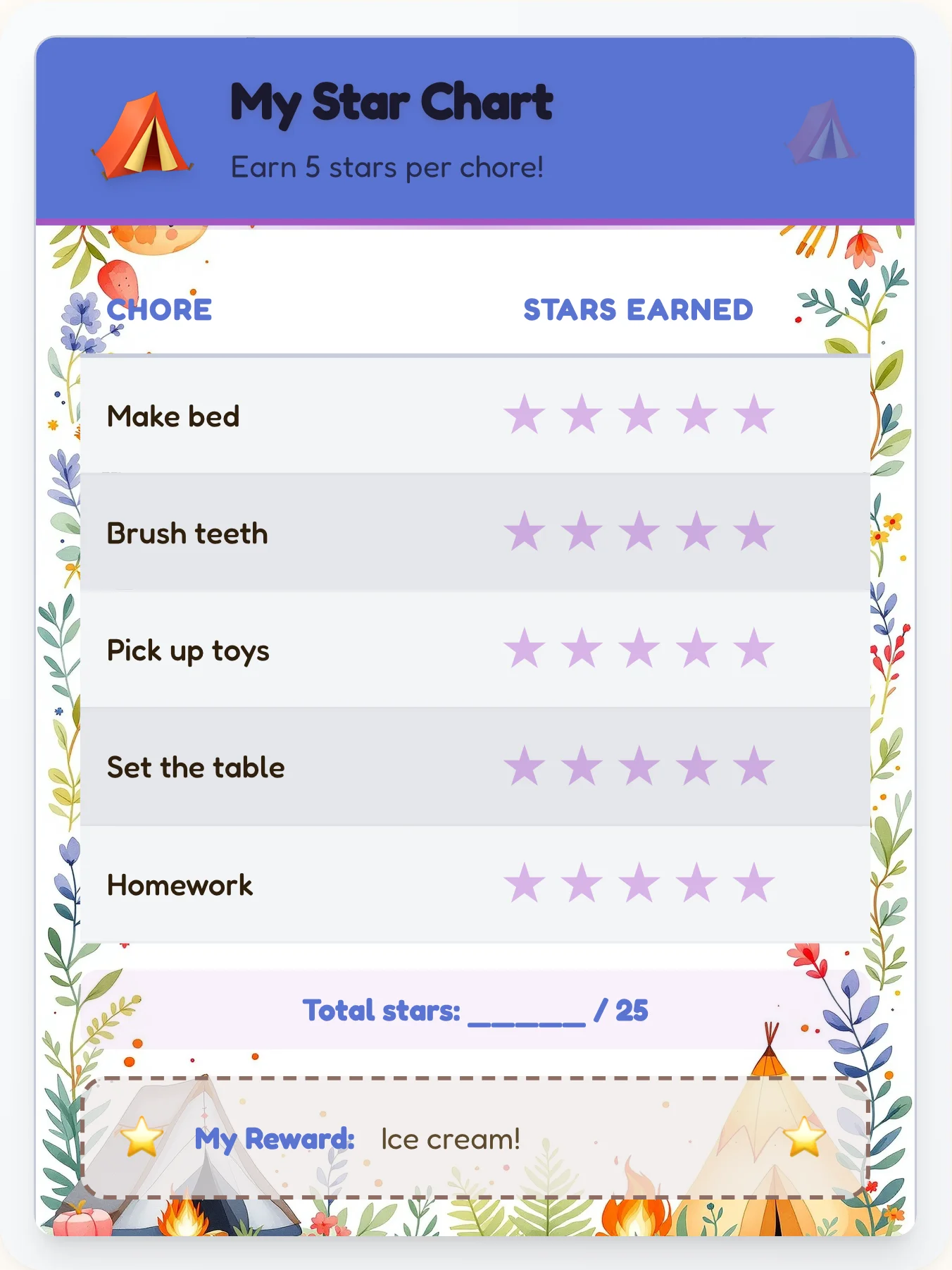 Mellow Camping Star Tracker - printable camping chore chart