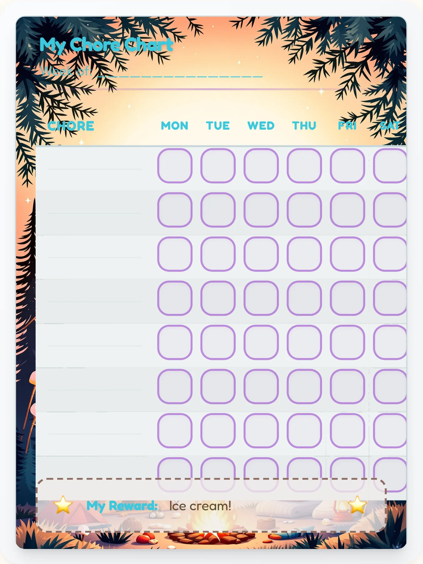 Harmony Camping DIY Chart - printable camping chore chart