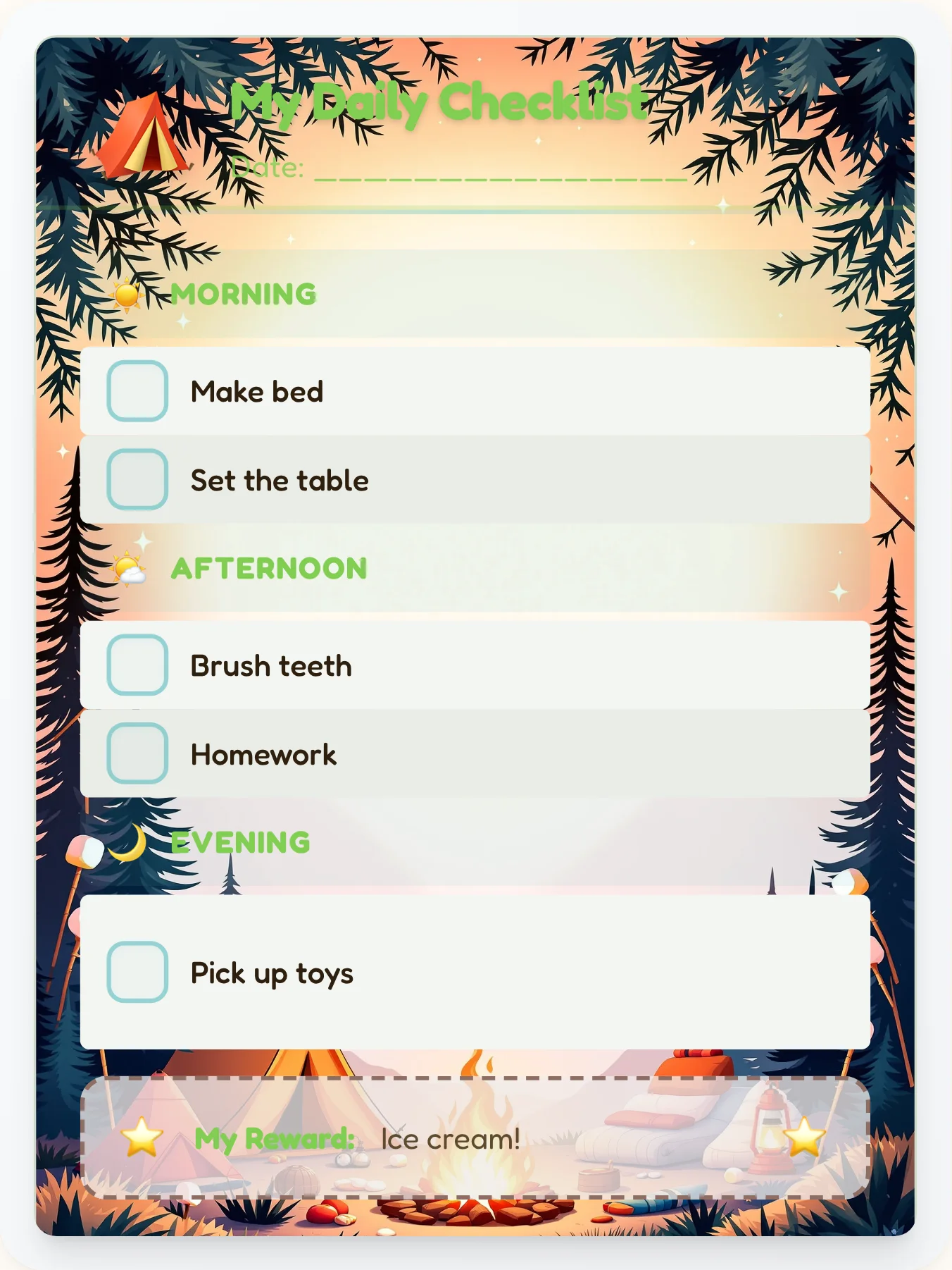 Radiant Camping Daily Planner - printable camping chore chart